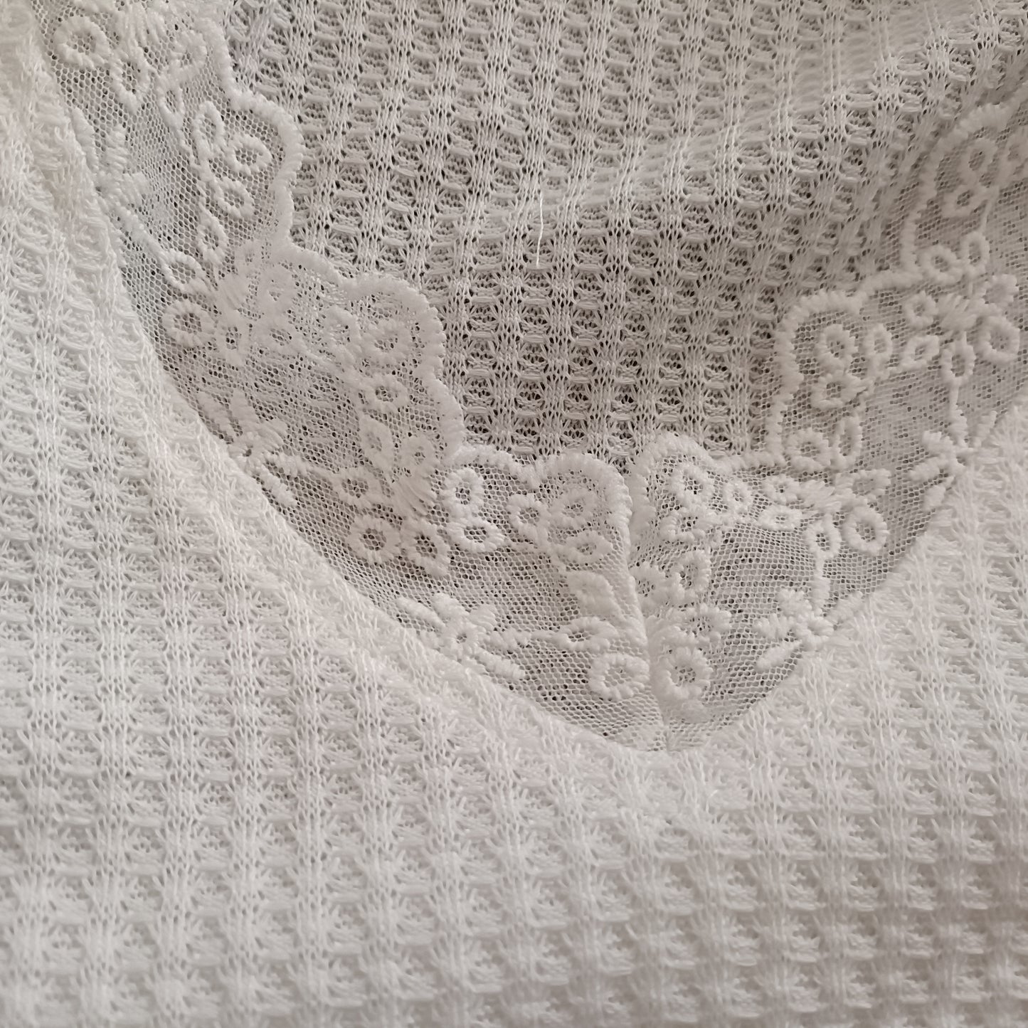 Cream Long Sleeve Waffle Texture T-Shirt with Lace Trim V Neck