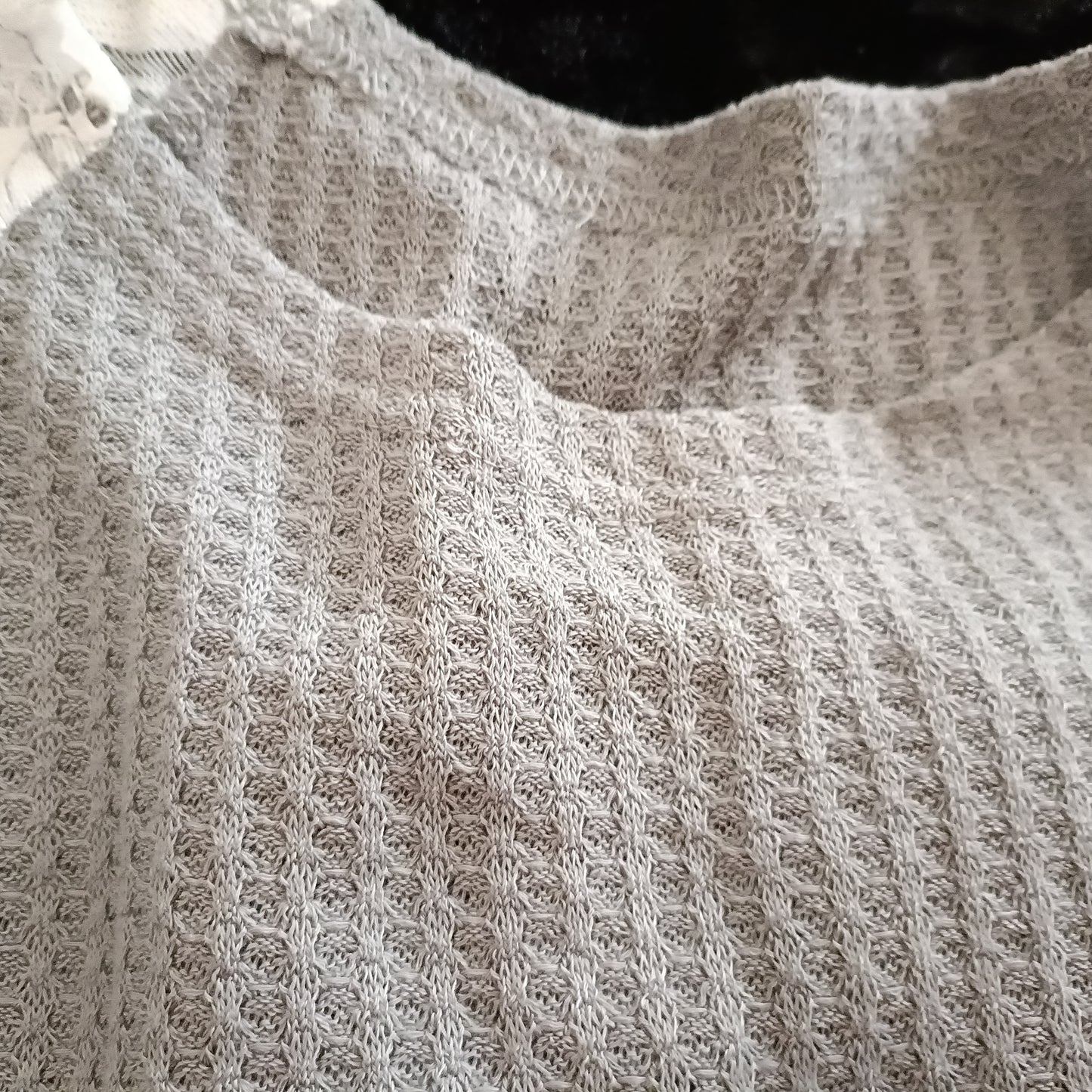 Textured Waffle Top with White Lace Raglan Sleeves