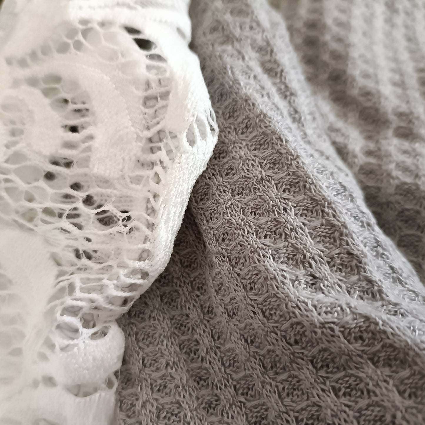 Textured Waffle Top with White Lace Raglan Sleeves