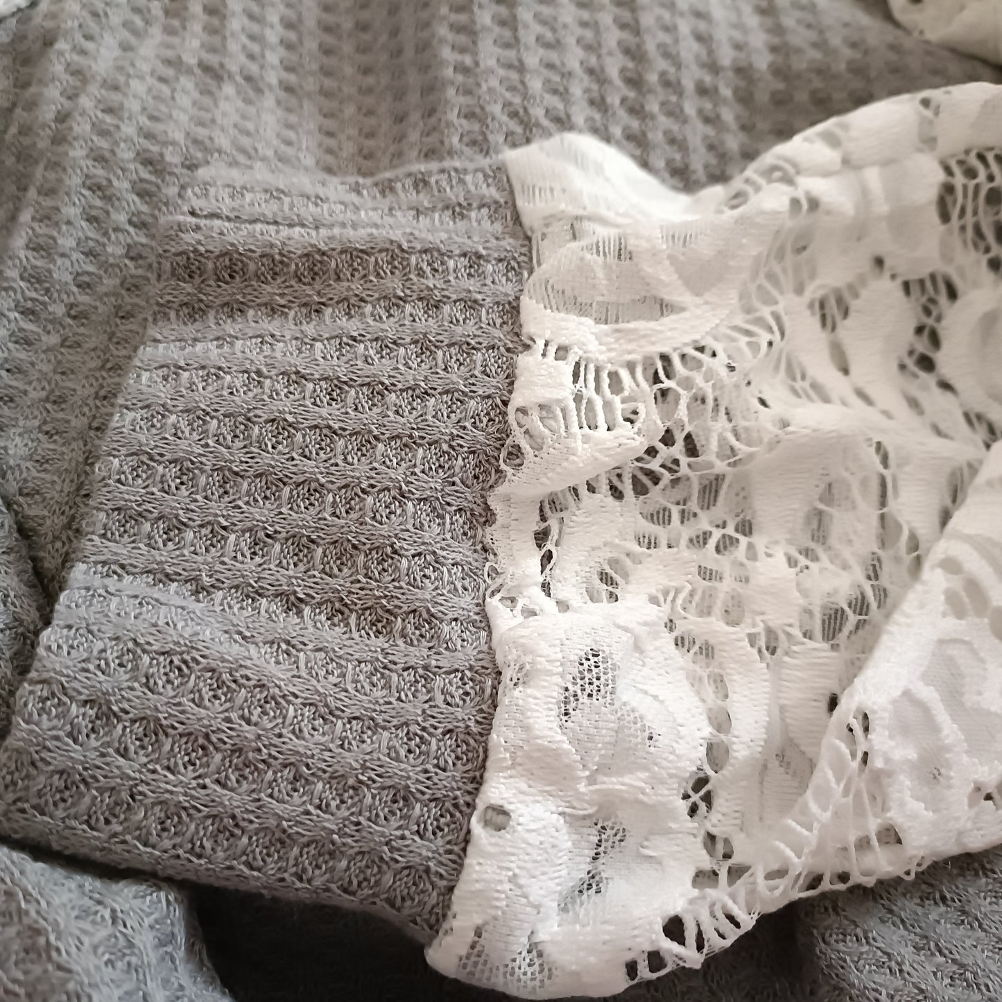 Textured Waffle Top with White Lace Raglan Sleeves