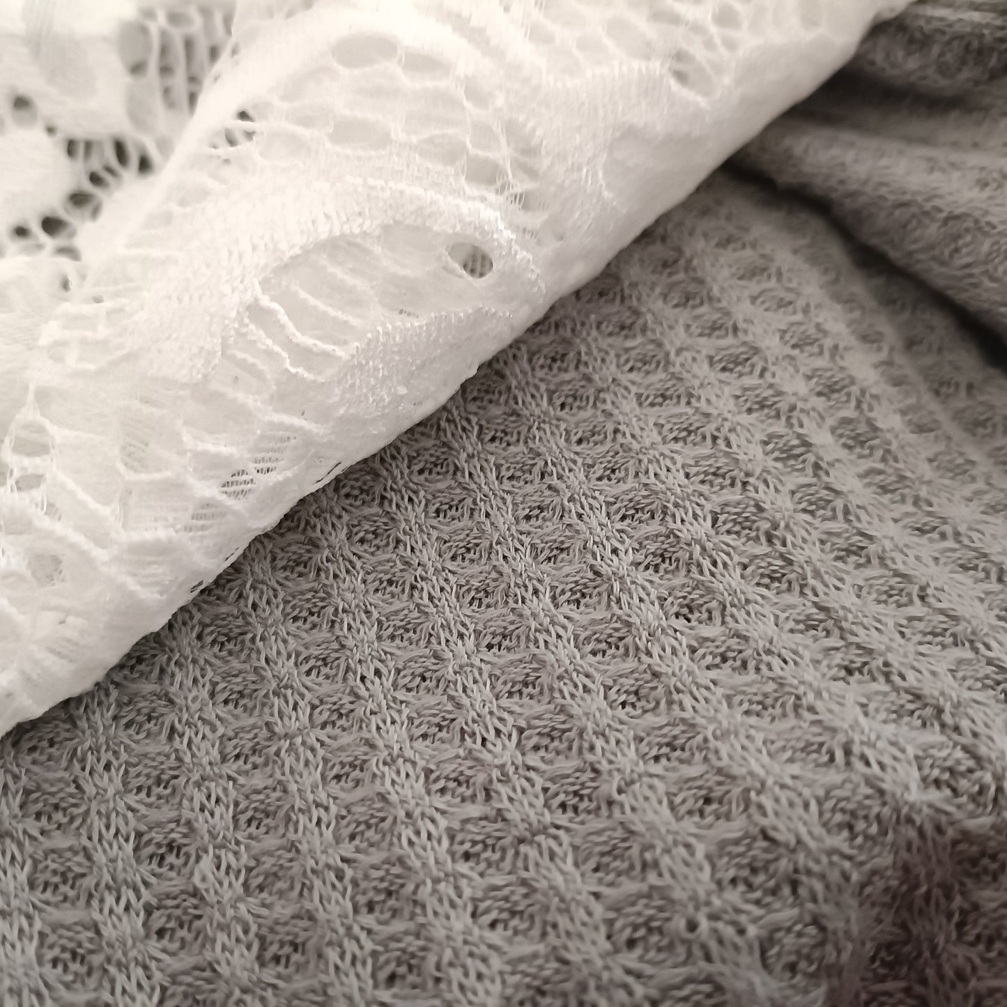 Textured Waffle Top with White Lace Raglan Sleeves