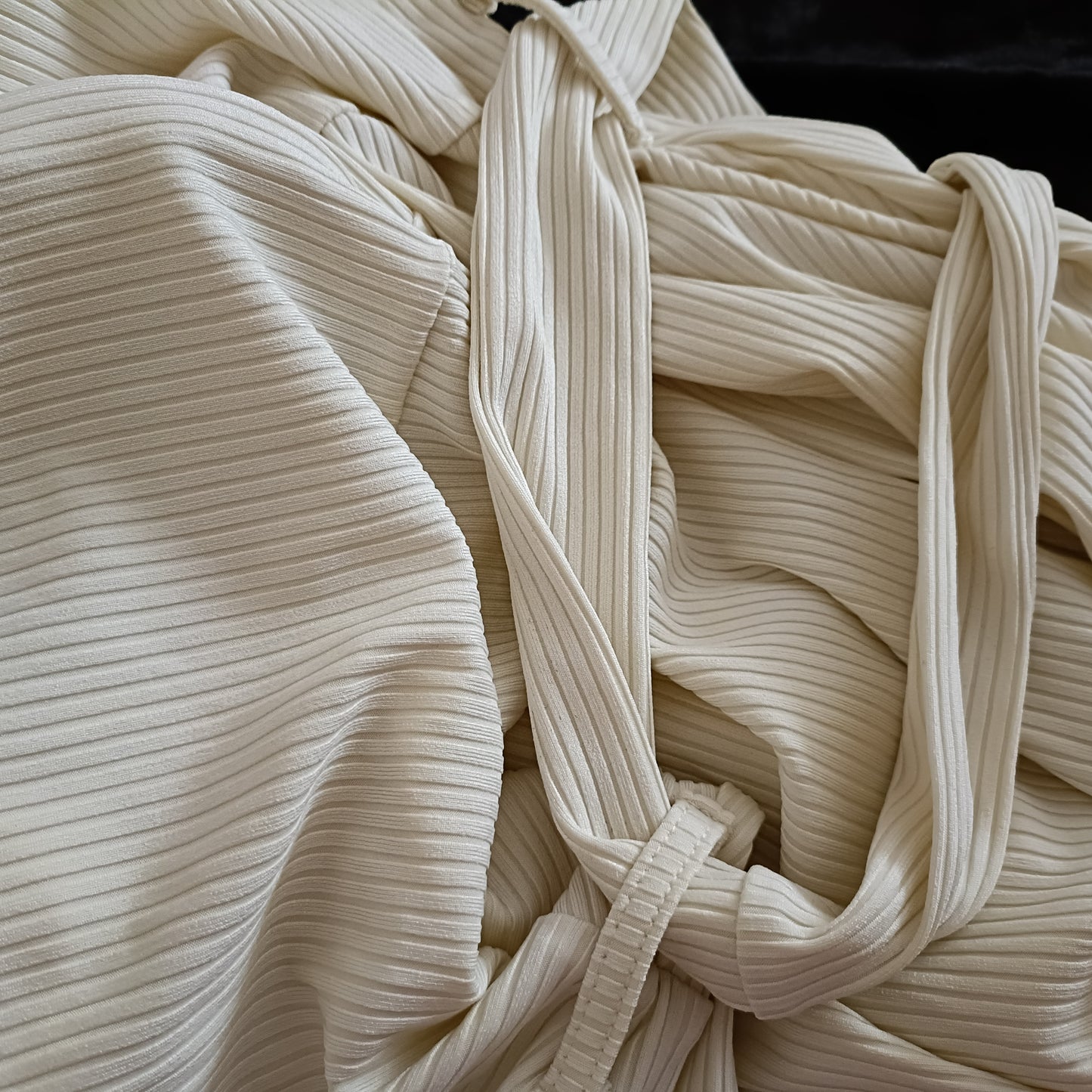 Cream Belted Dress with Frill Hem and Surplice Neckline