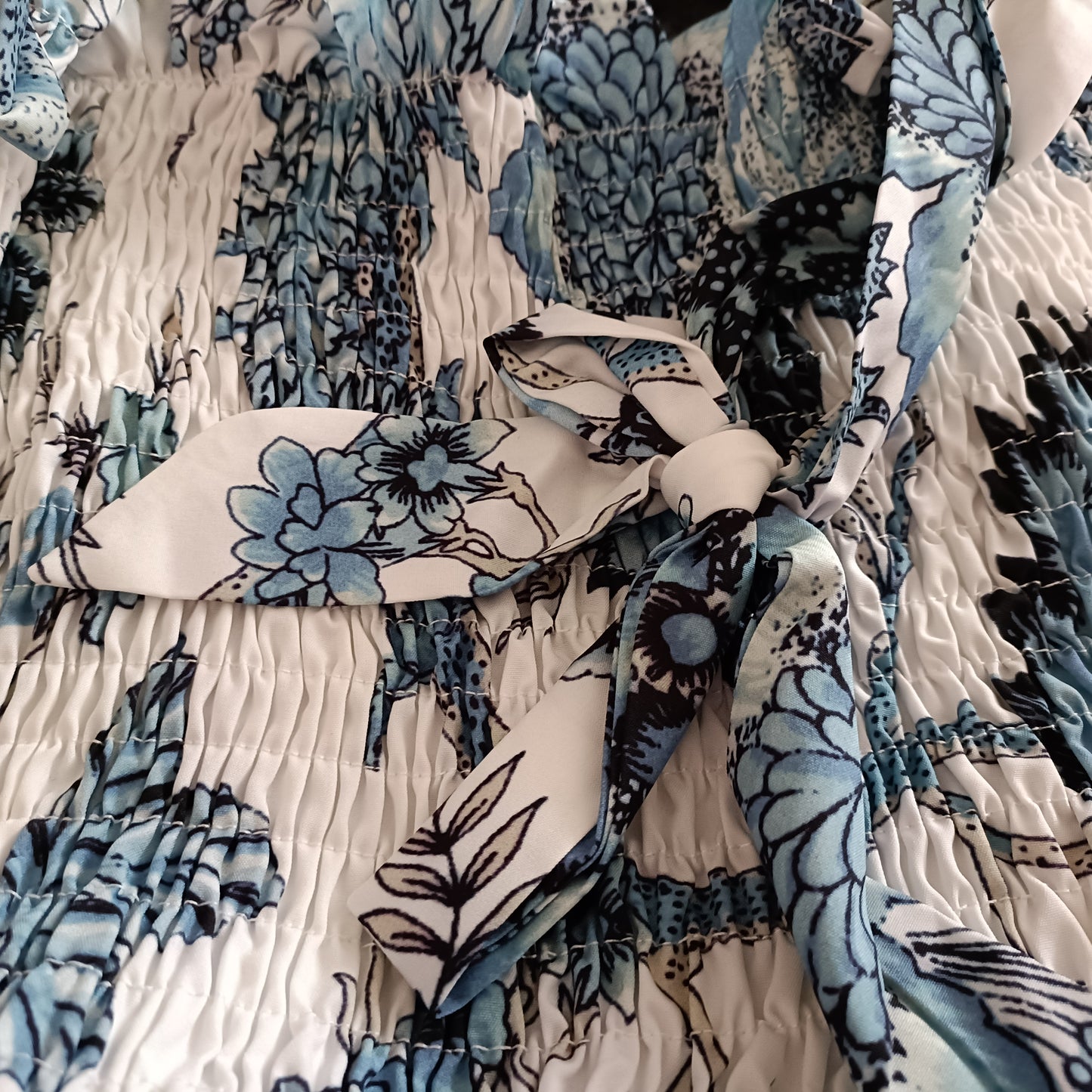 Blue Floral Shirred Bodice Dress with Tie Straps