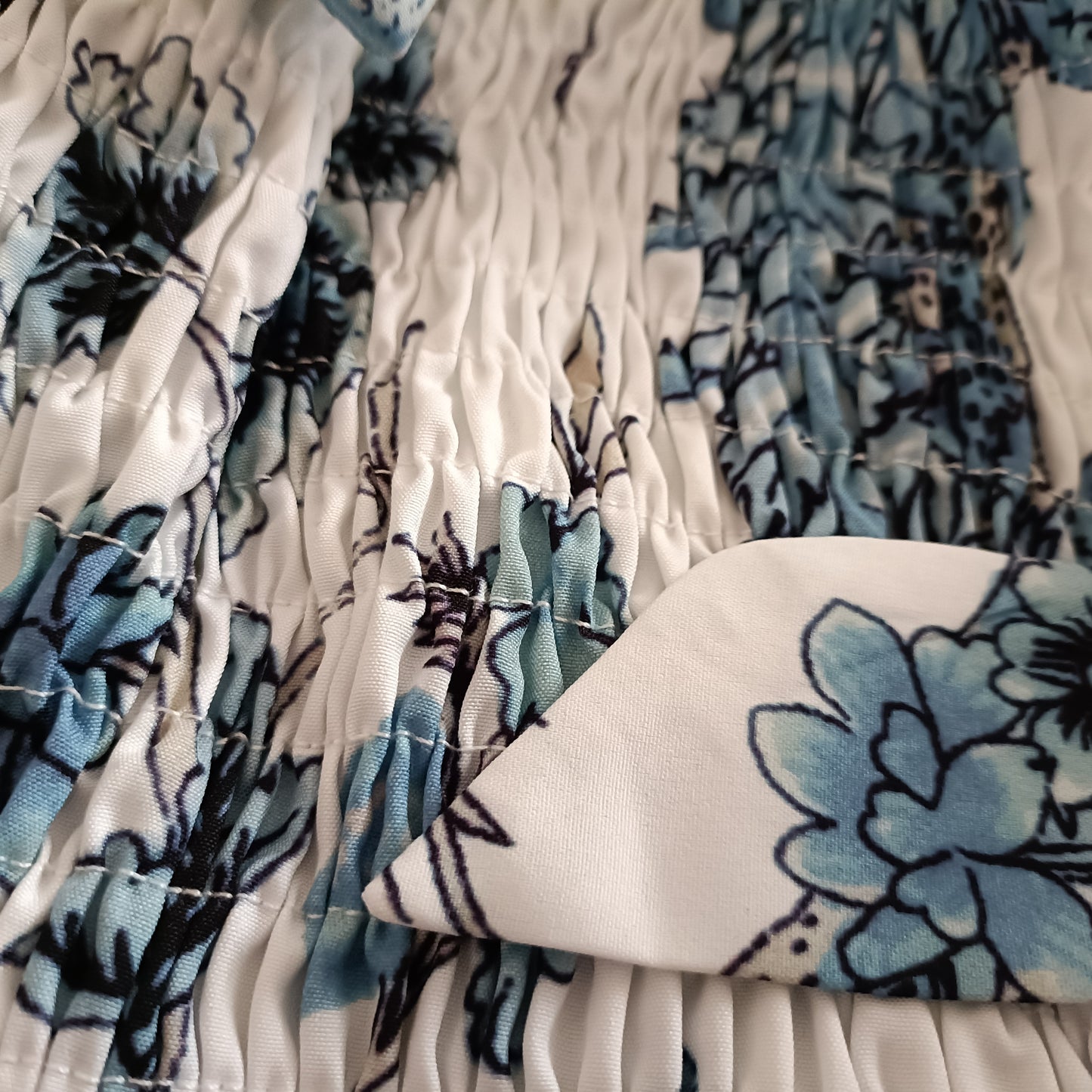 Blue Floral Shirred Bodice Dress with Tie Straps