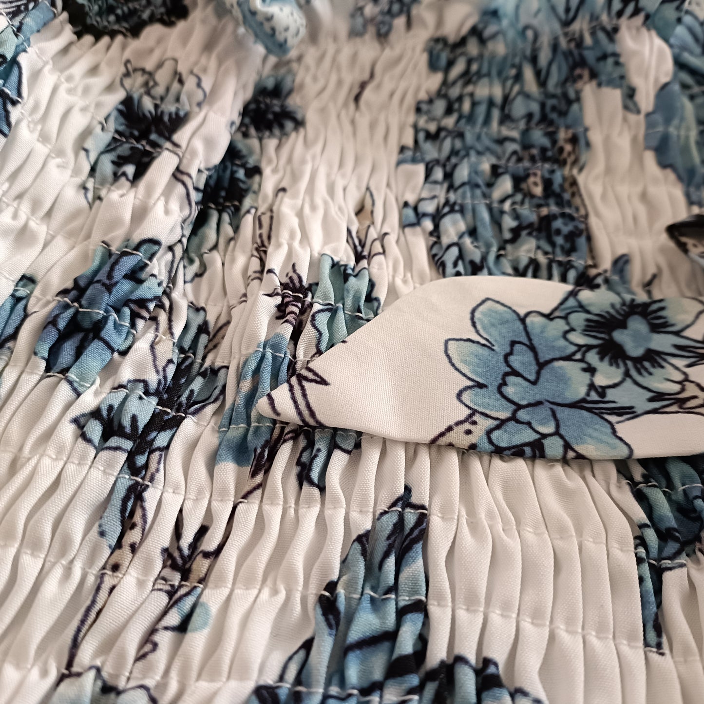 Blue Floral Shirred Bodice Dress with Tie Straps