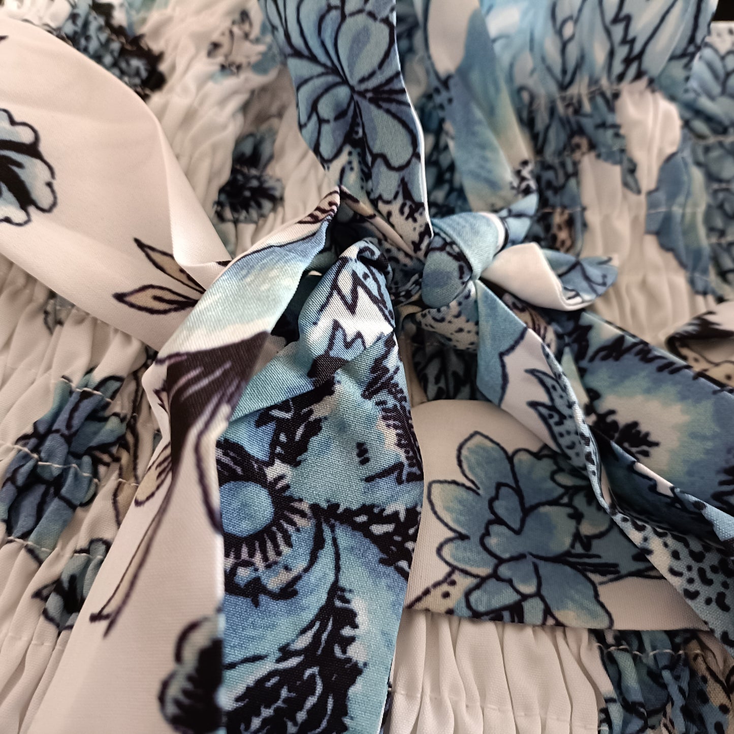 Blue Floral Shirred Bodice Dress with Tie Straps
