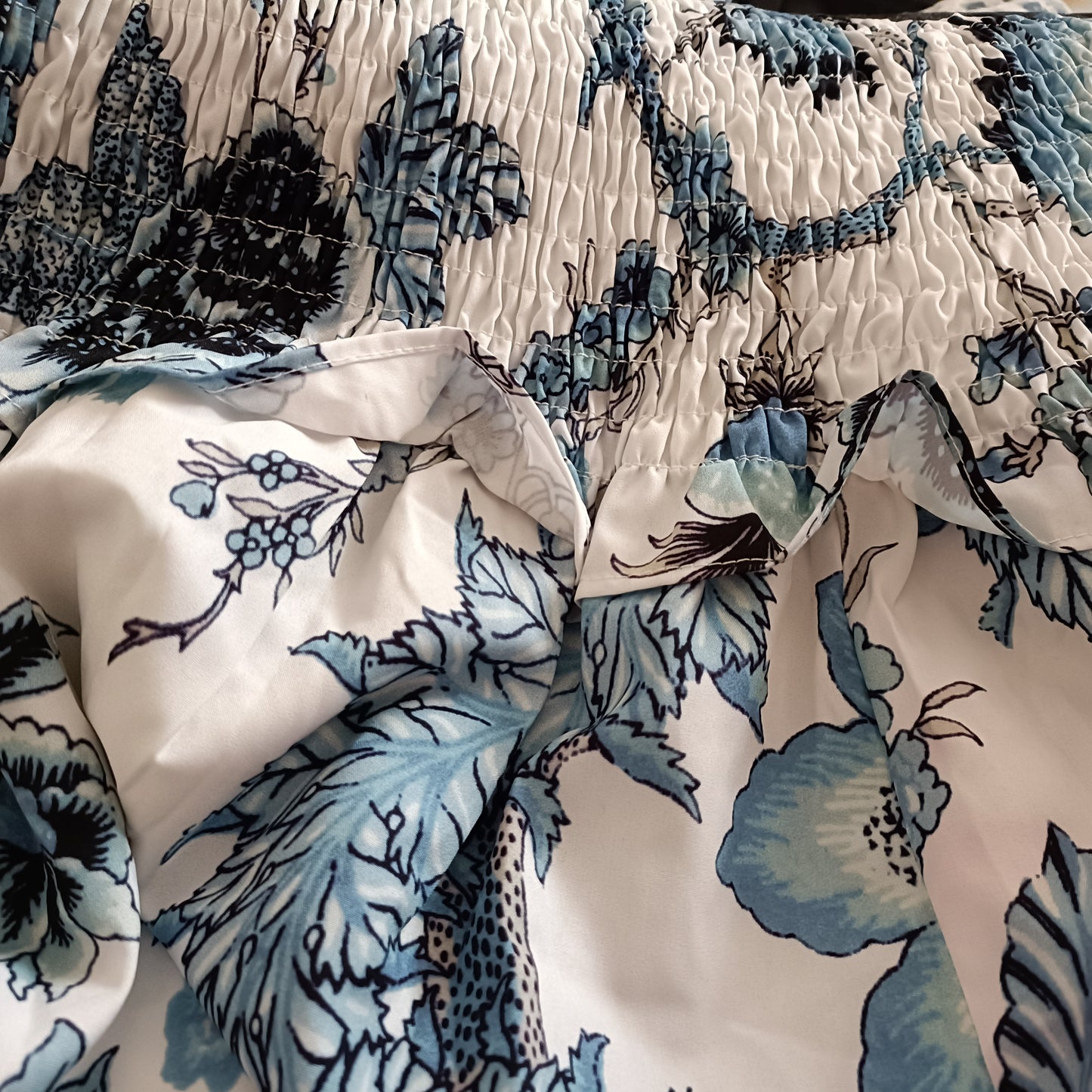 Blue Floral Shirred Bodice Dress with Tie Straps