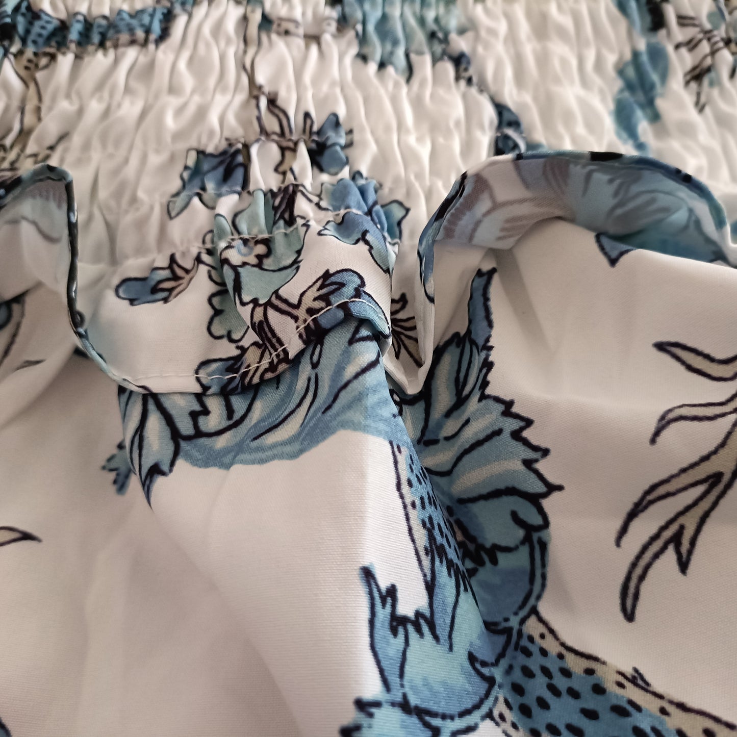 Blue Floral Shirred Bodice Dress with Tie Straps