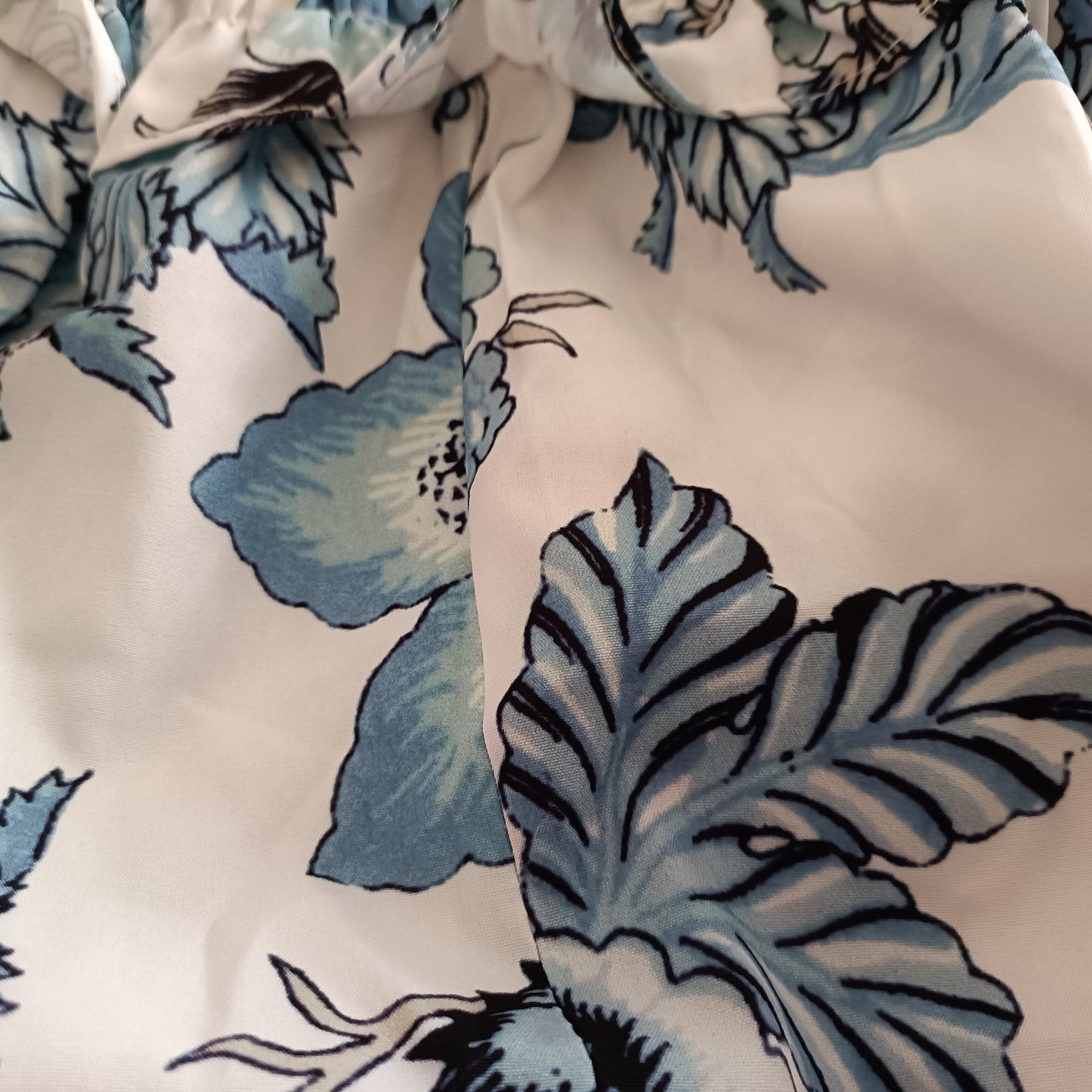 Blue Floral Shirred Bodice Dress with Tie Straps