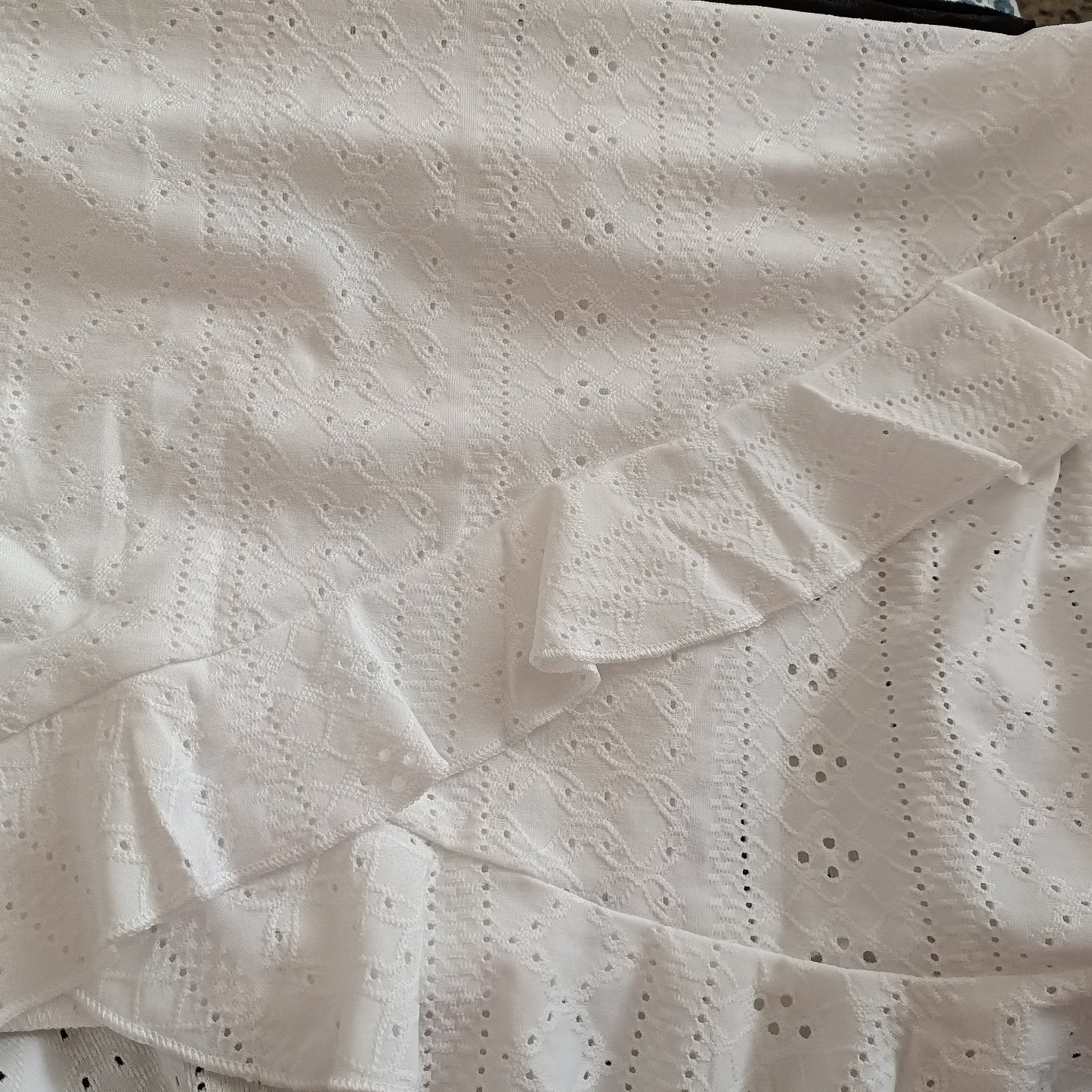 White Eyelet Embroidery Strappy Sleeveless Top with Layered Frill Hem