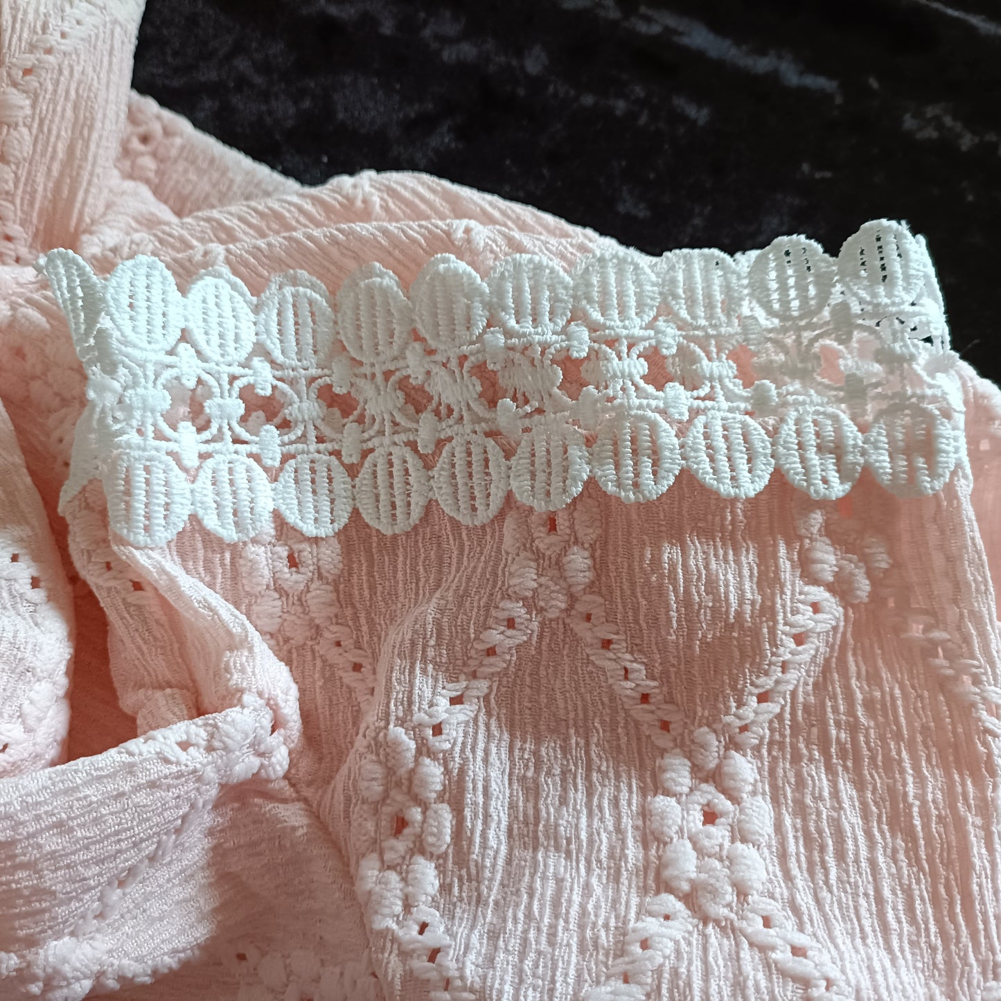 Pink Eyelet Embroidery T Shirt with Lace Sleeve Detail