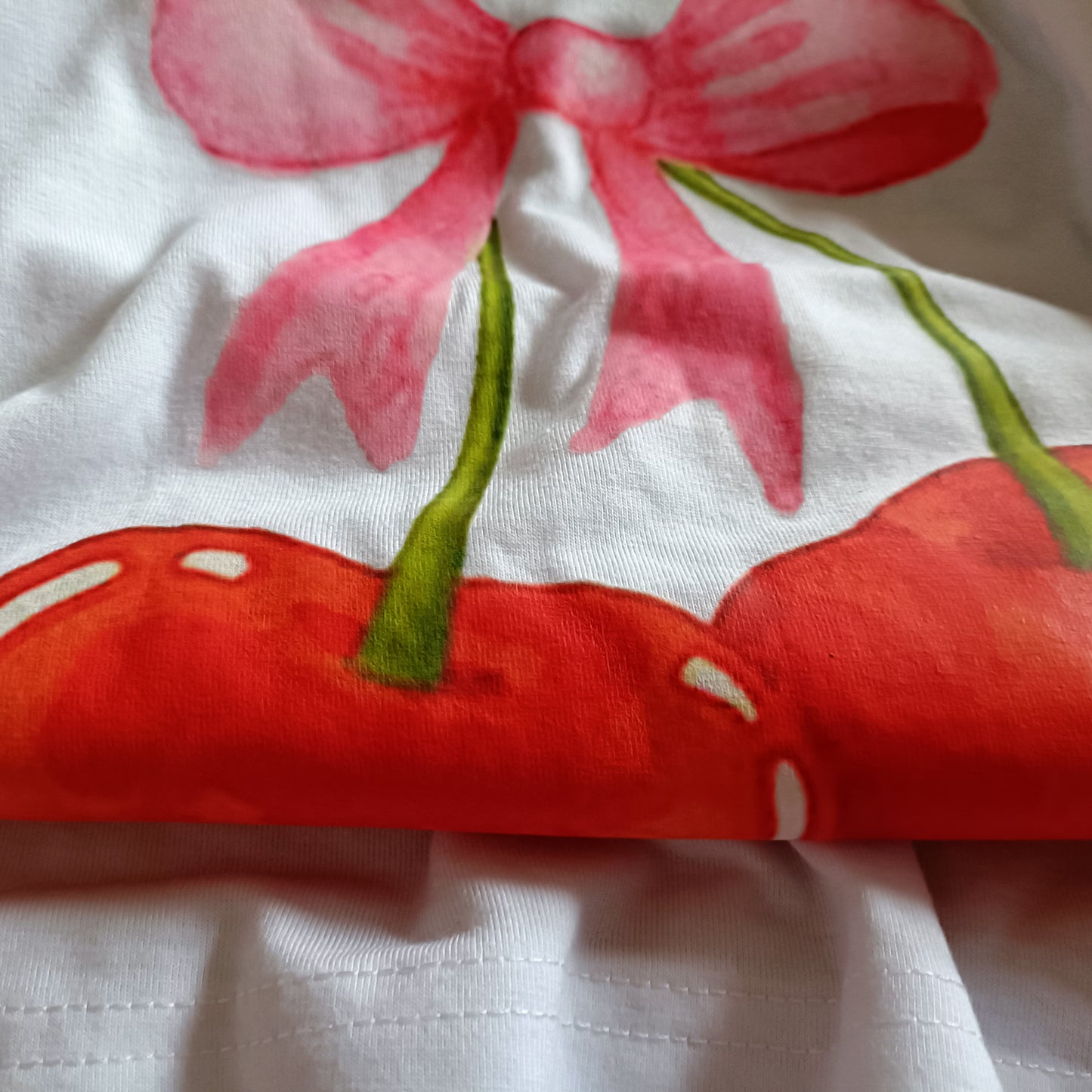 White Short Sleeve T Shirt with Cherry and Bow Print