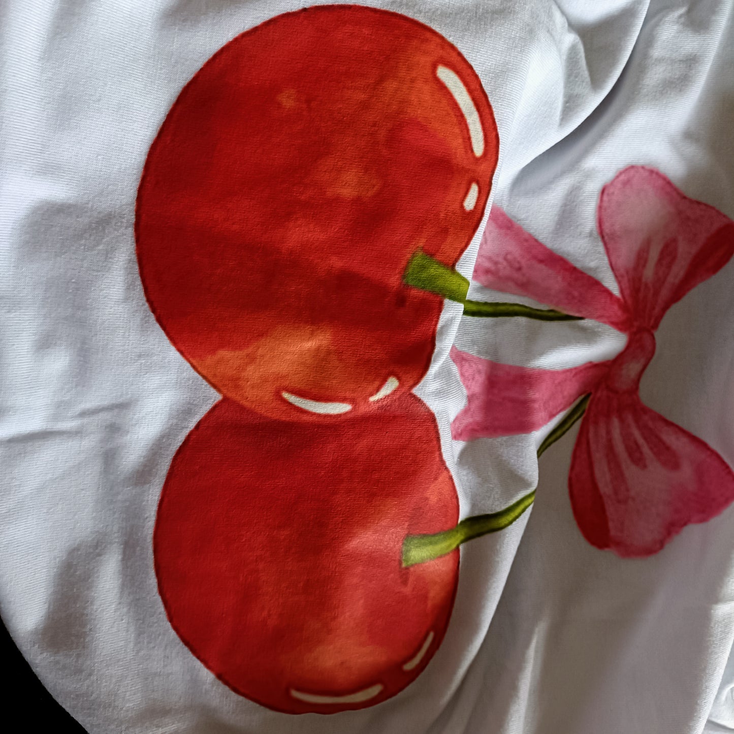 White Short Sleeve T Shirt with Cherry and Bow Print