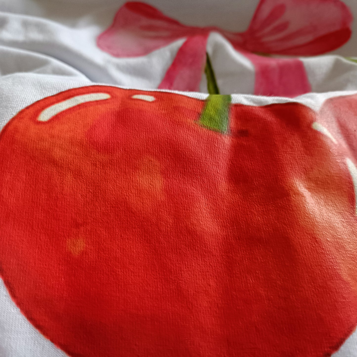 White Short Sleeve T Shirt with Cherry and Bow Print
