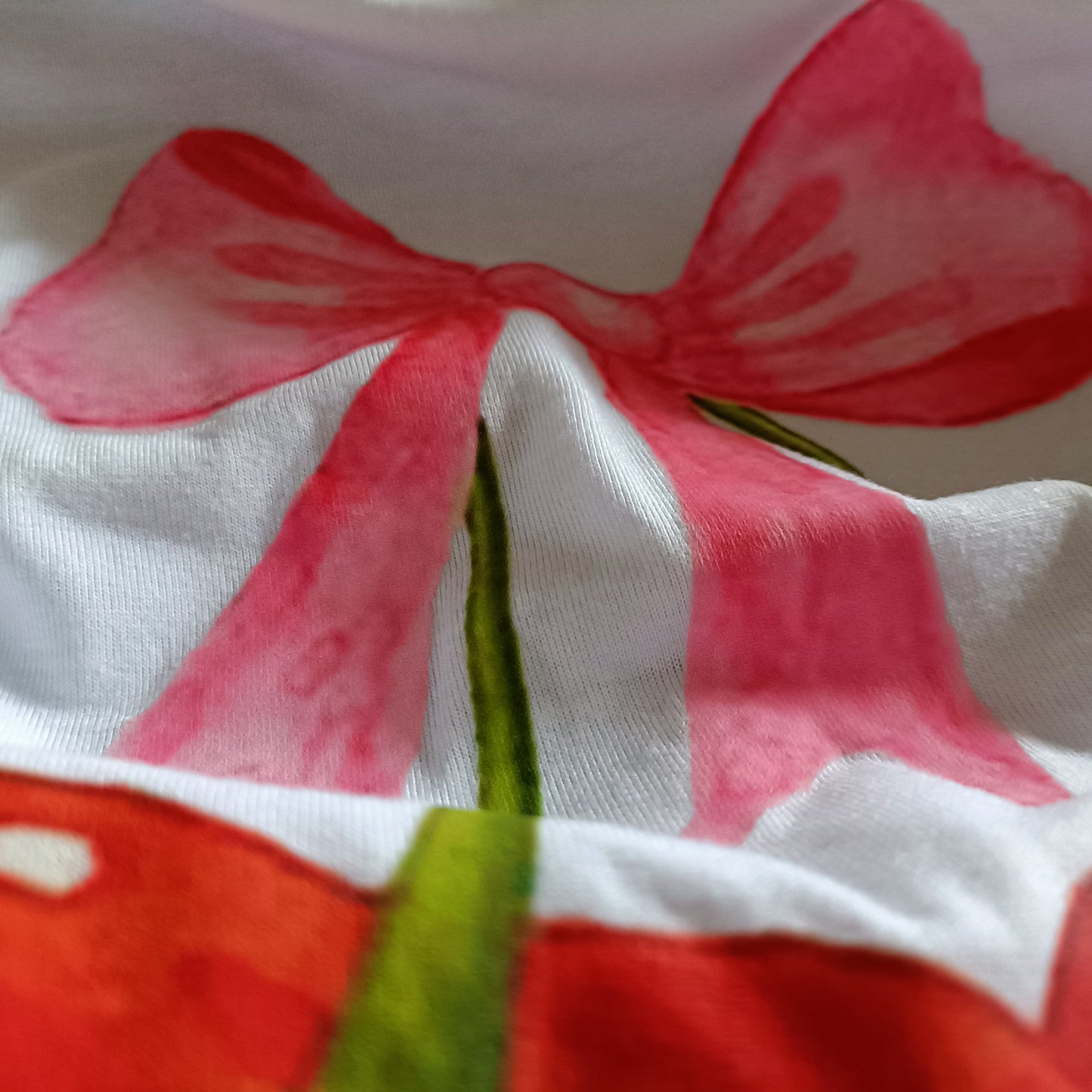 White Short Sleeve T Shirt with Cherry and Bow Print