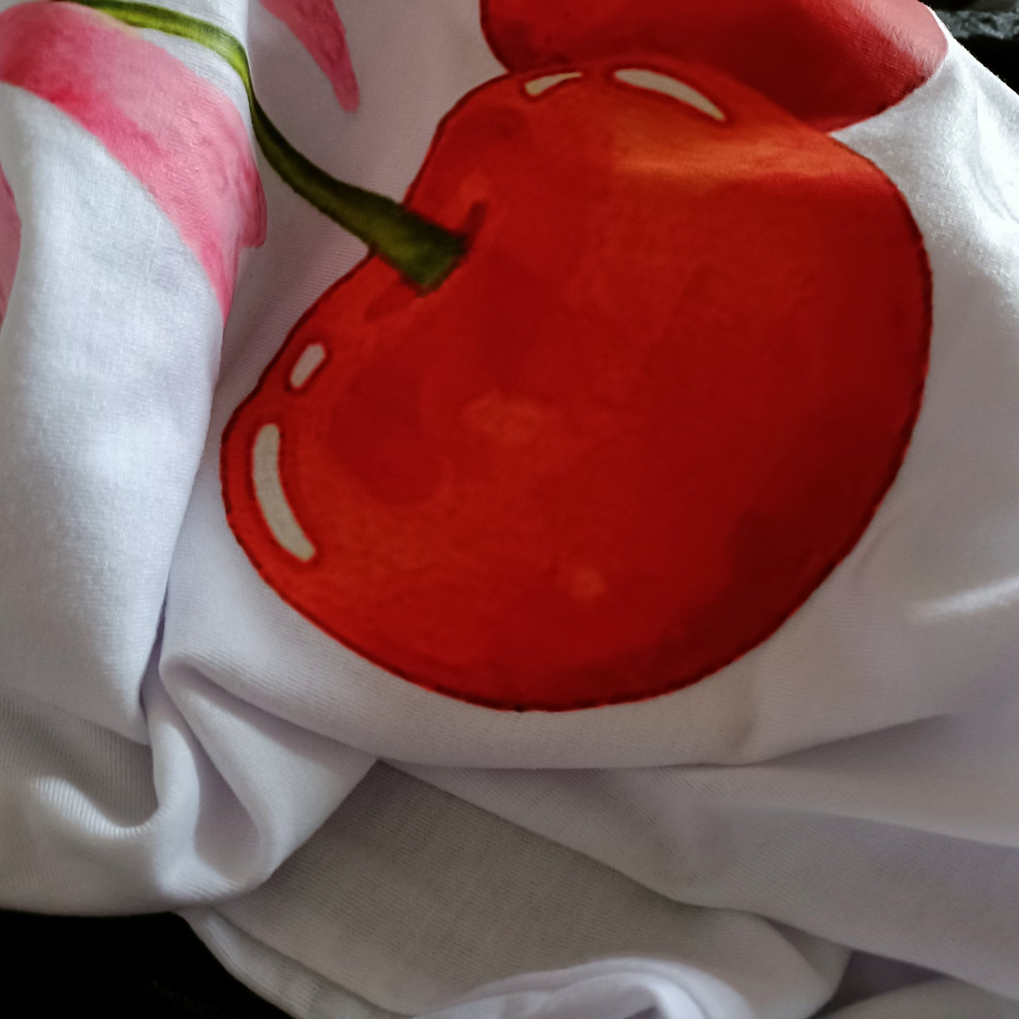 White Short Sleeve T Shirt with Cherry and Bow Print