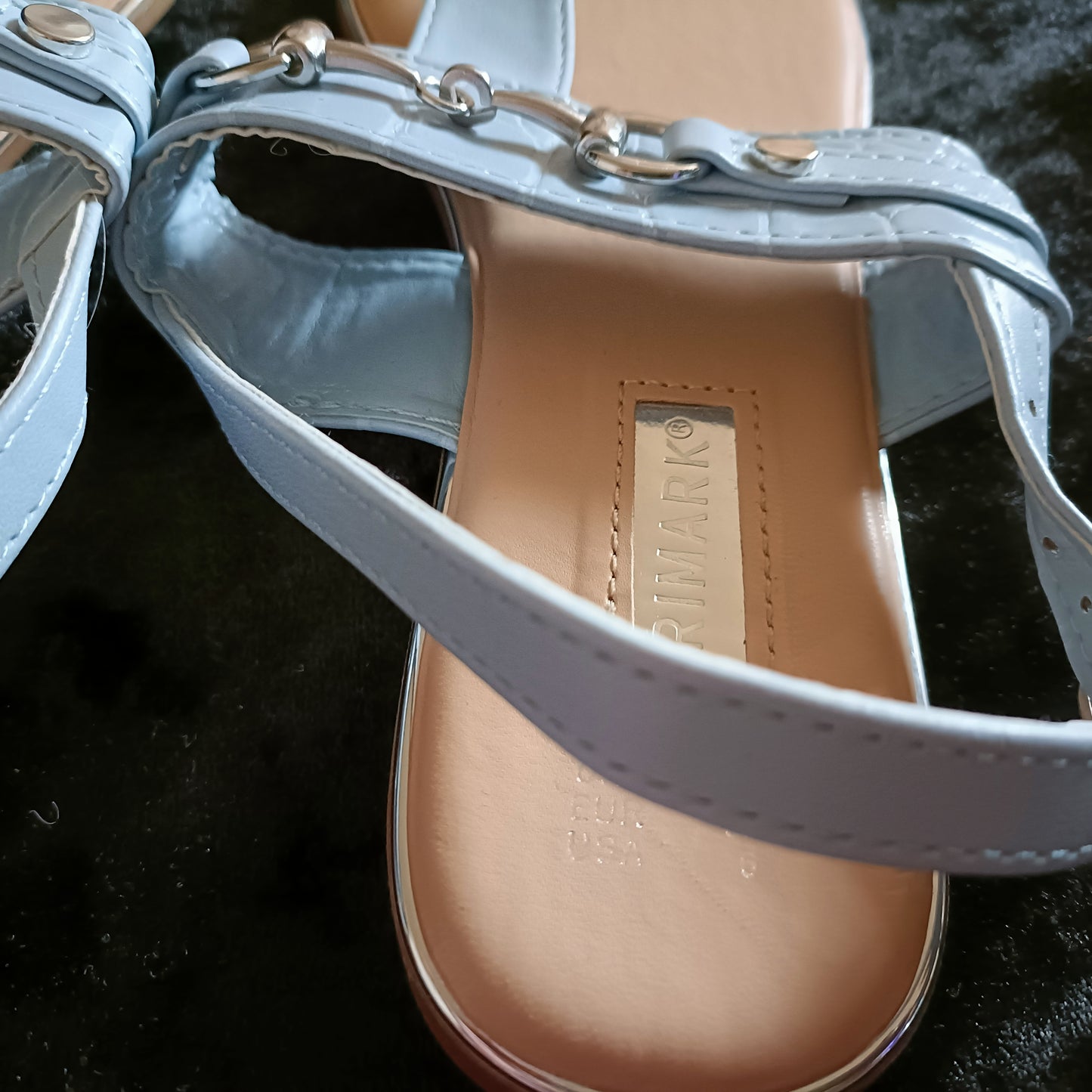 Light Blue T Strap Sandal with Metal detail and Buckle closure
