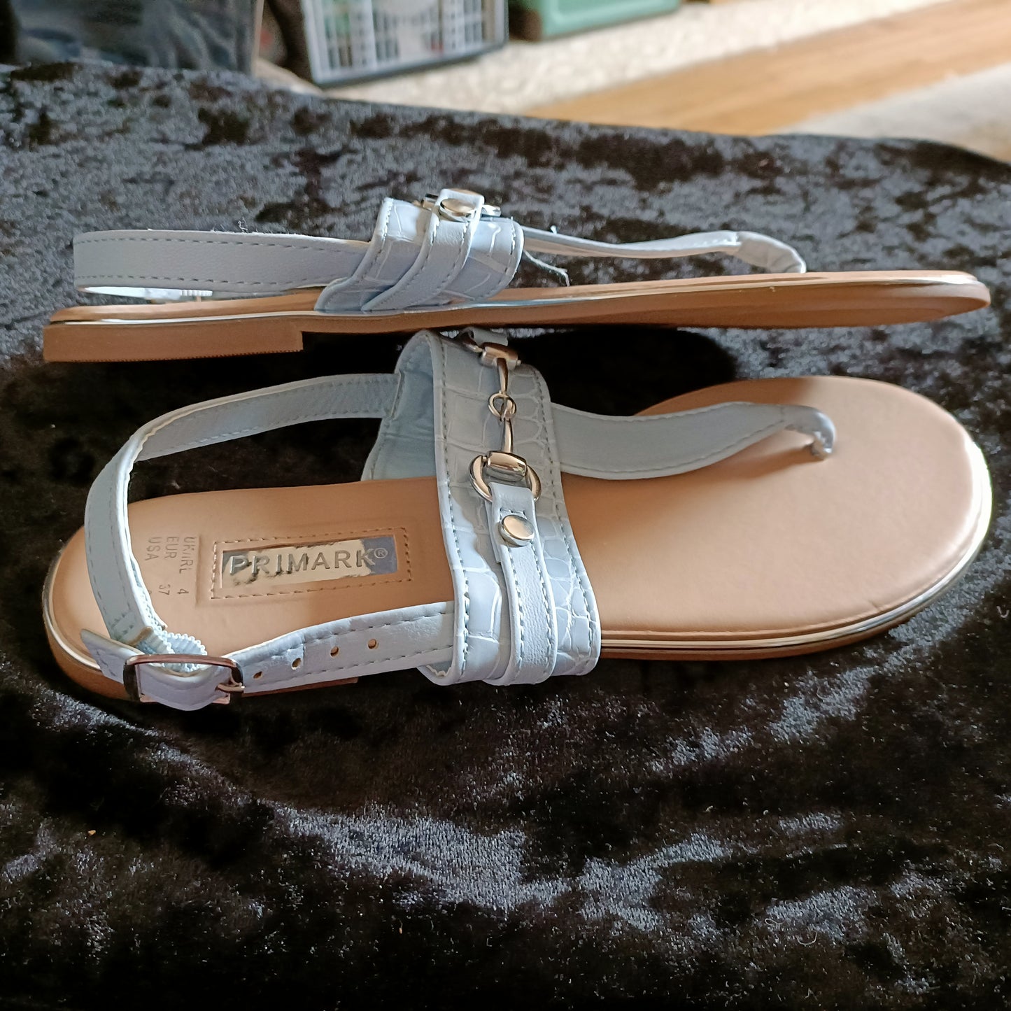 Light Blue T Strap Sandal with Metal detail and Buckle closure