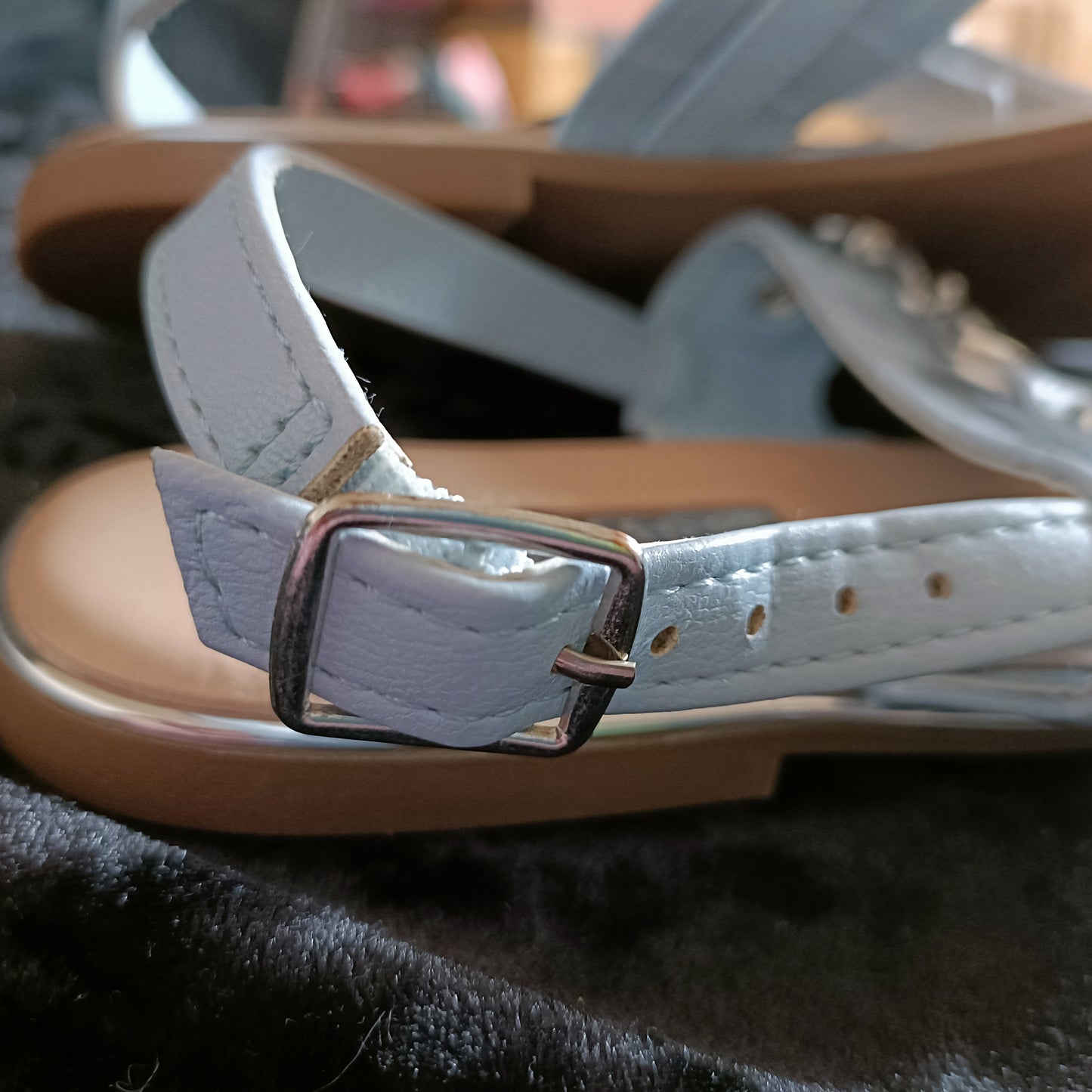 Light Blue T Strap Sandal with Metal detail and Buckle closure