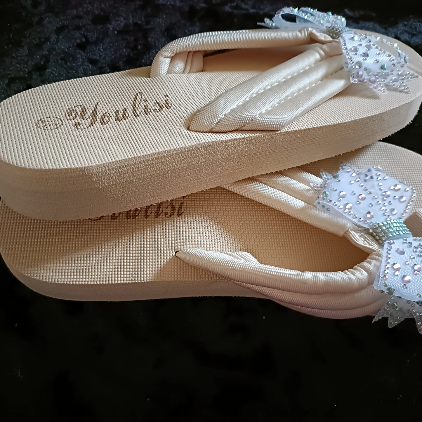 Cream Chunky Flip Flops with Bow Detail and Chunky Cushioned Strap