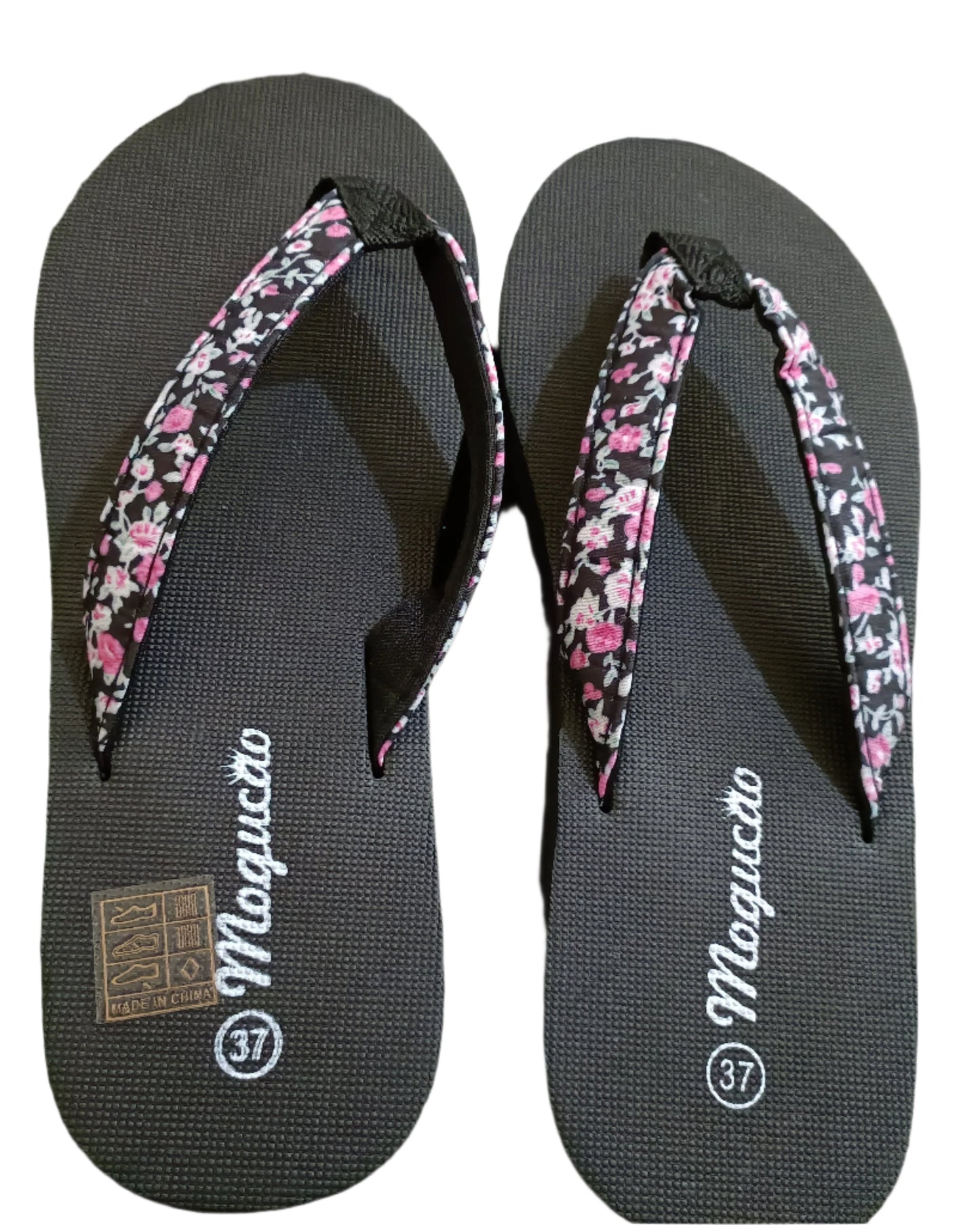 Black Wedge Flip Flops with Floral Strap