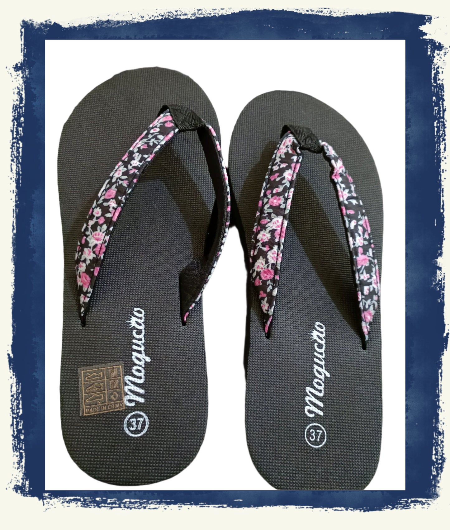 Black Wedge Flip Flops with Floral Strap