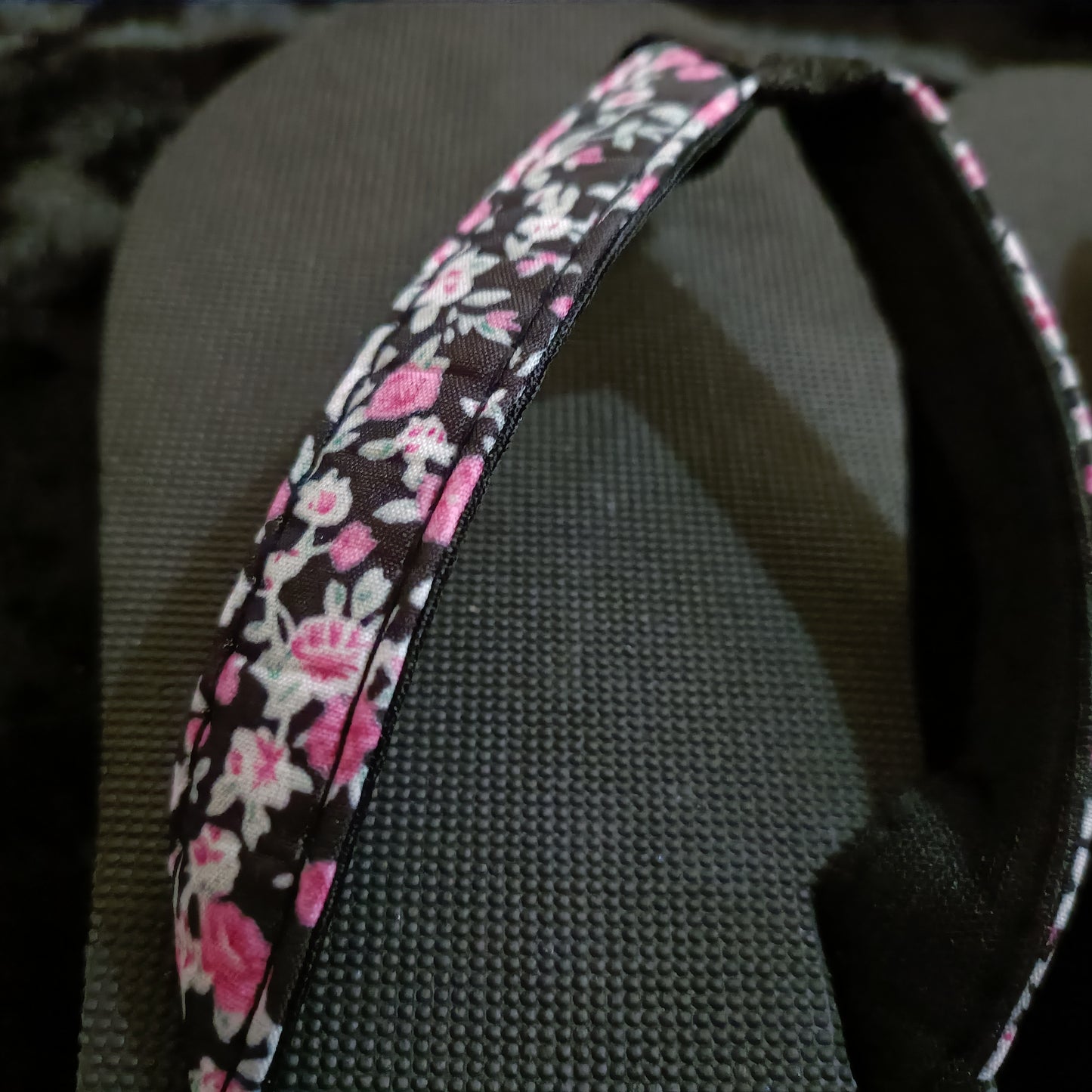 Black Wedge Flip Flops with Floral Strap