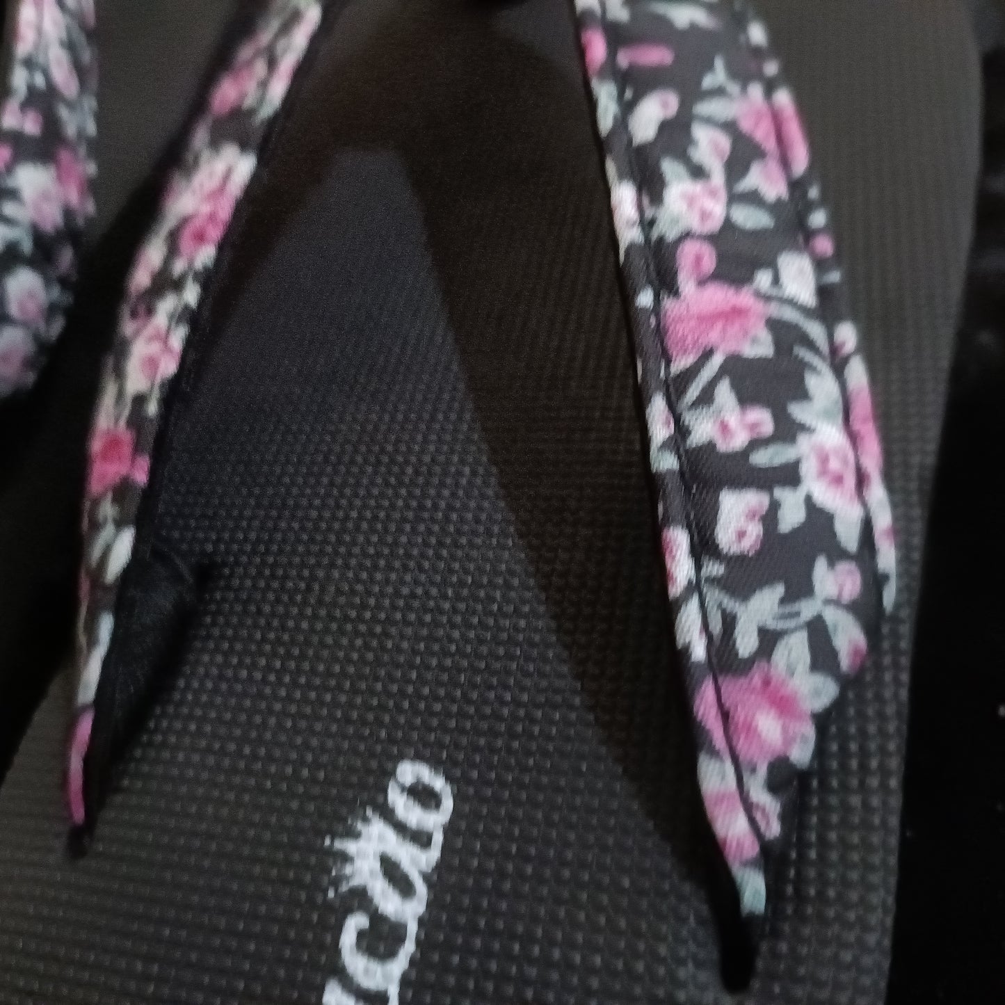 Black Wedge Flip Flops with Floral Strap