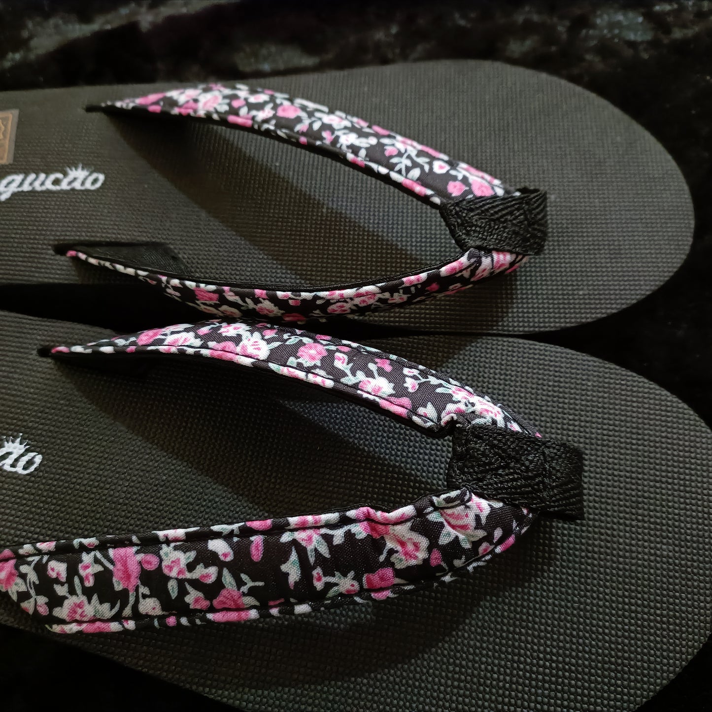 Black Wedge Flip Flops with Floral Strap