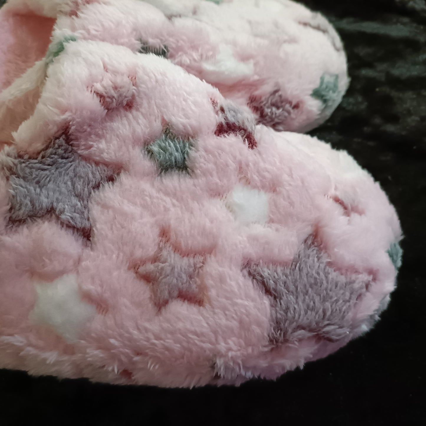 Pink Fluffy Slippers with Grey Star Accents