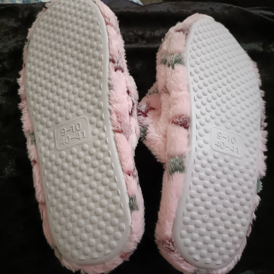 Pink Fluffy Slippers with Grey Star Accents