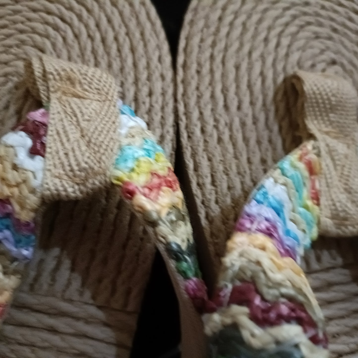 Neutral/Beige Wedge Flip Flops with Pastel Multi Coloured Strap