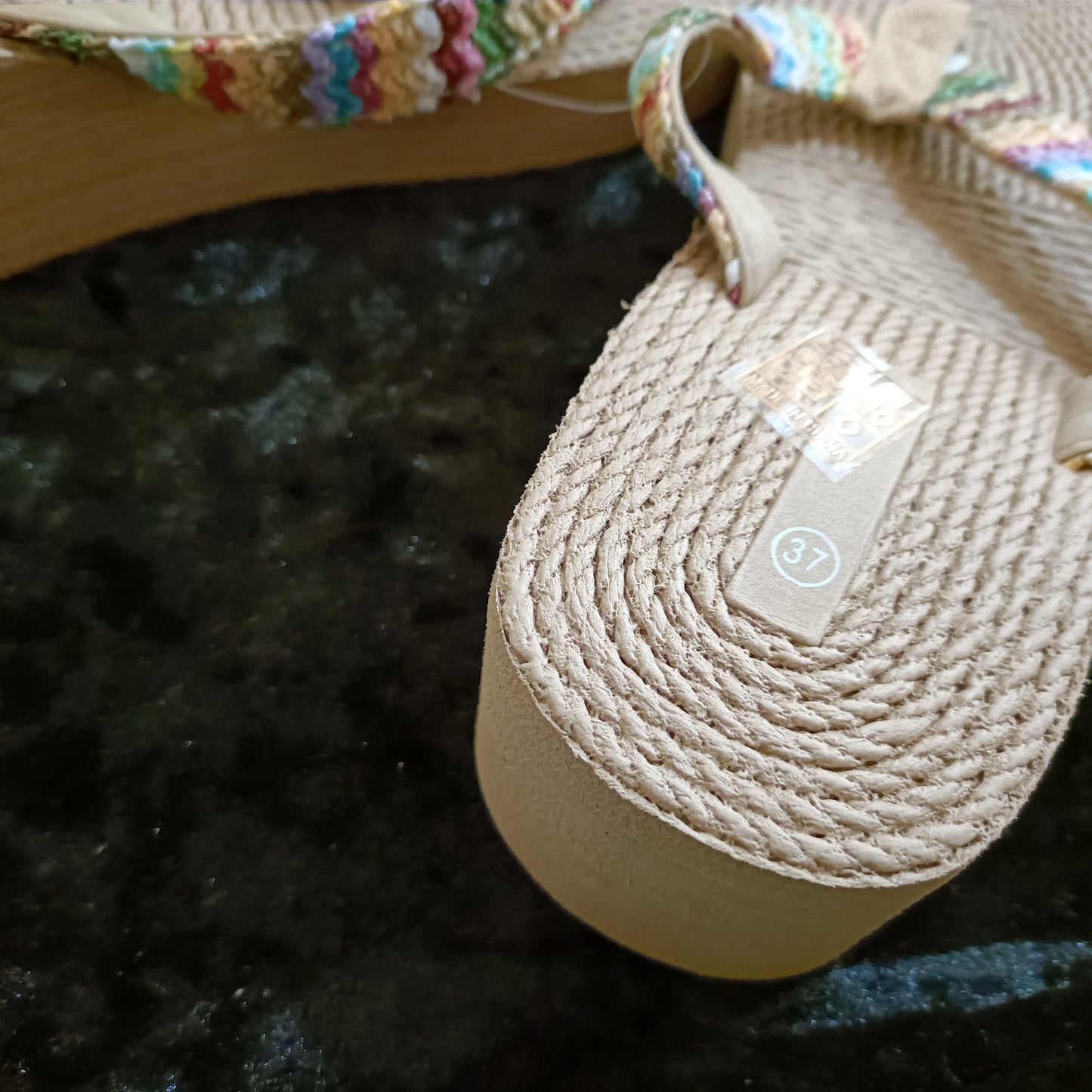 Neutral/Beige Wedge Flip Flops with Pastel Multi Coloured Strap