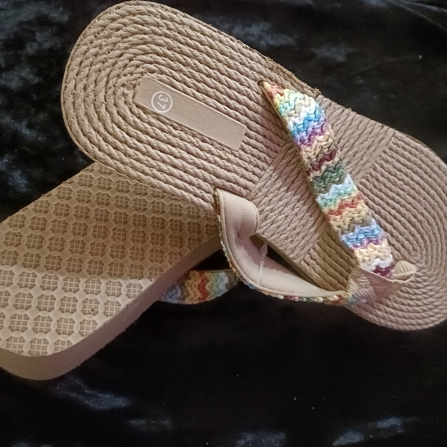 Neutral/Beige Wedge Flip Flops with Pastel Multi Coloured Strap