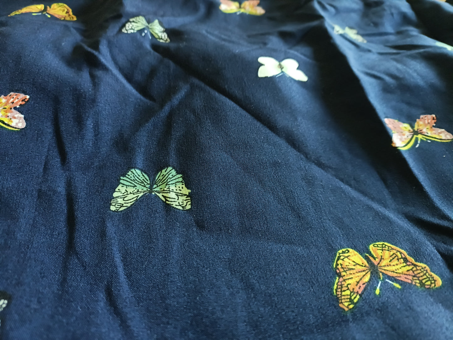 Navy Butterfly Print Dress with Scalloped Hem