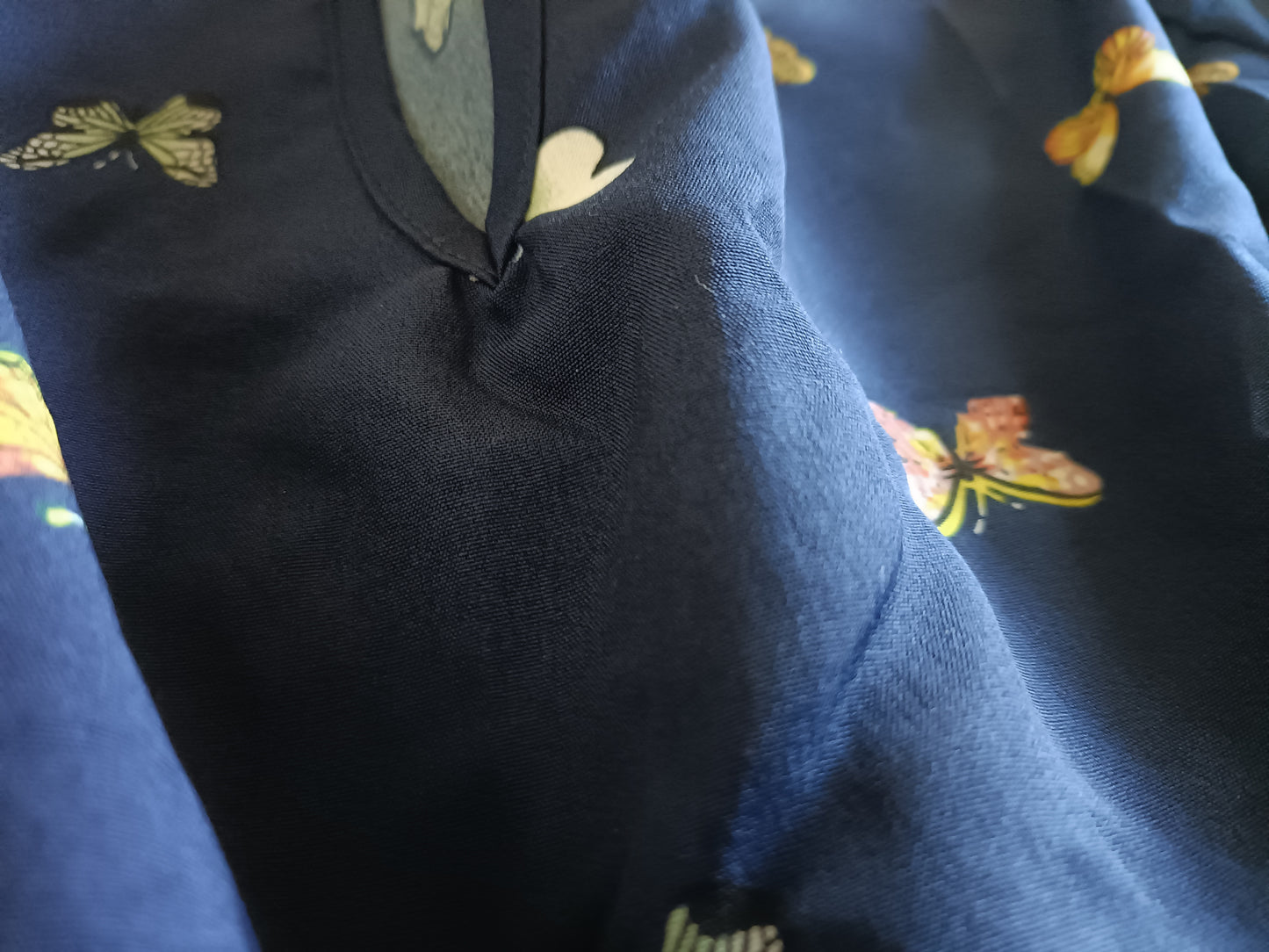 Navy Butterfly Print Dress with Scalloped Hem