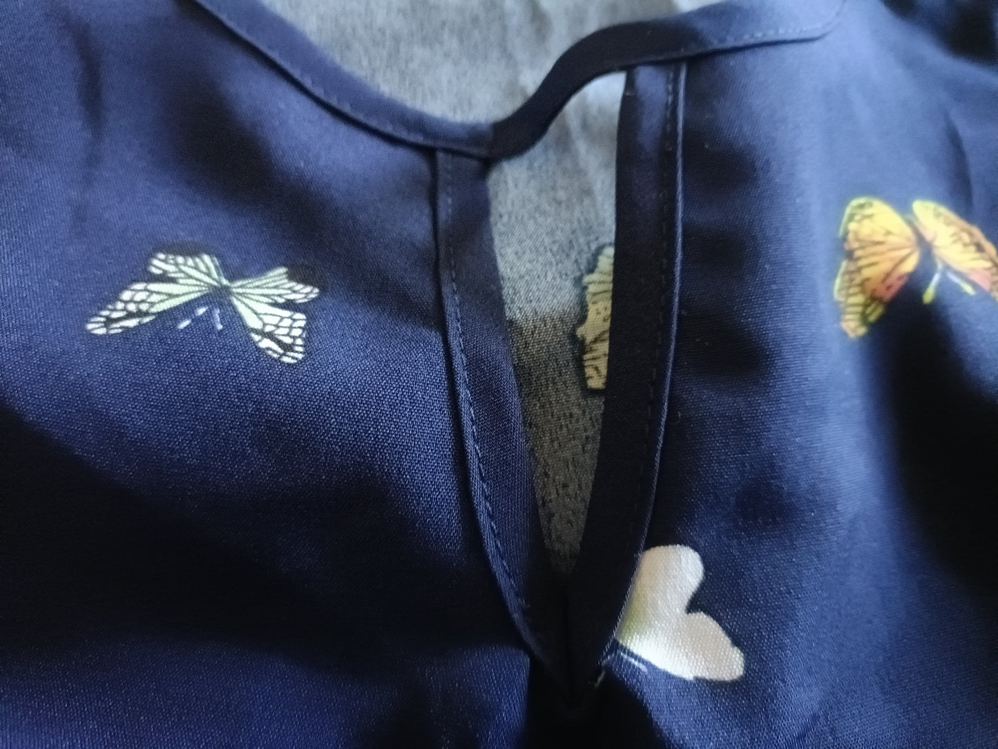 Navy Butterfly Print Dress with Scalloped Hem