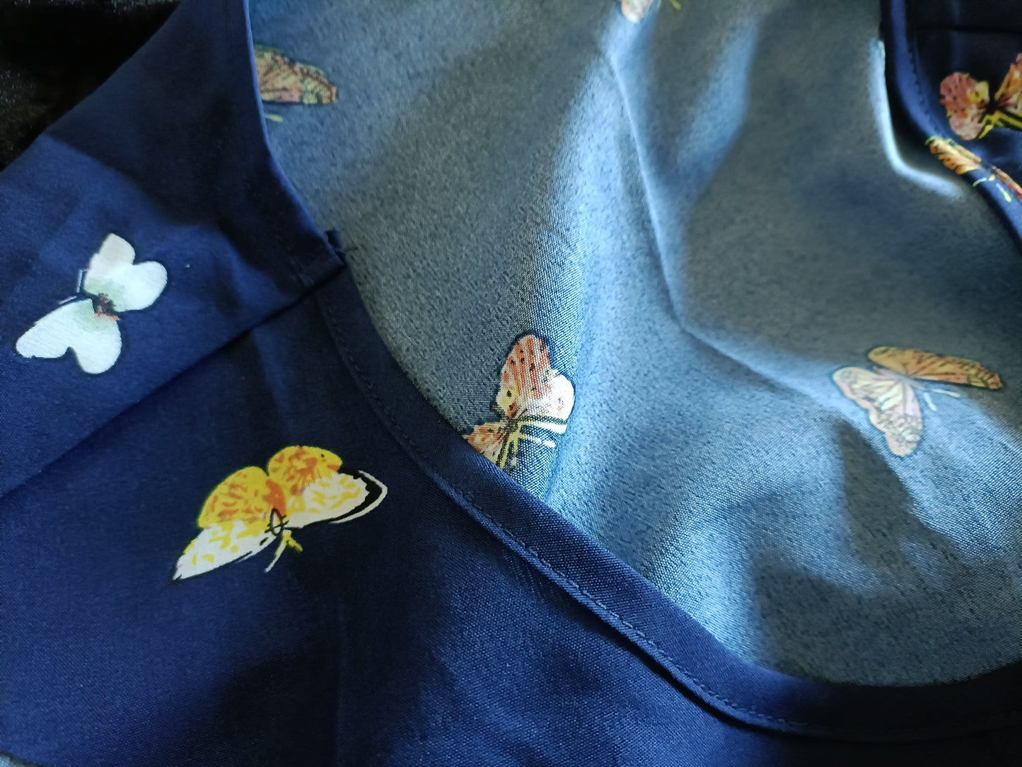 Navy Butterfly Print Dress with Scalloped Hem