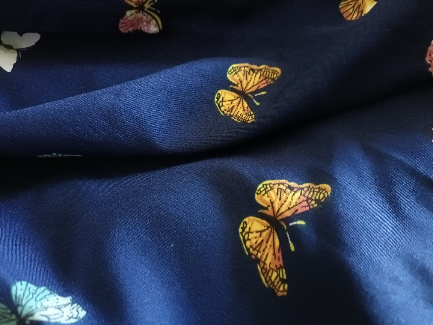 Navy Butterfly Print Dress with Scalloped Hem