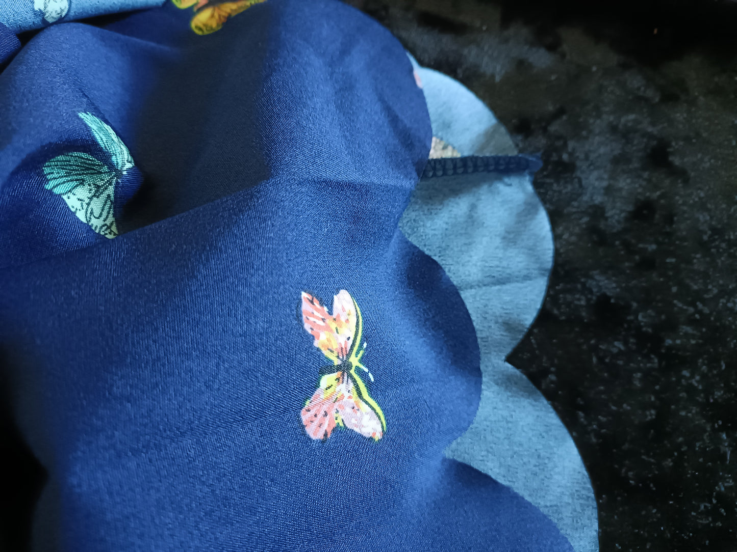 Navy Butterfly Print Dress with Scalloped Hem