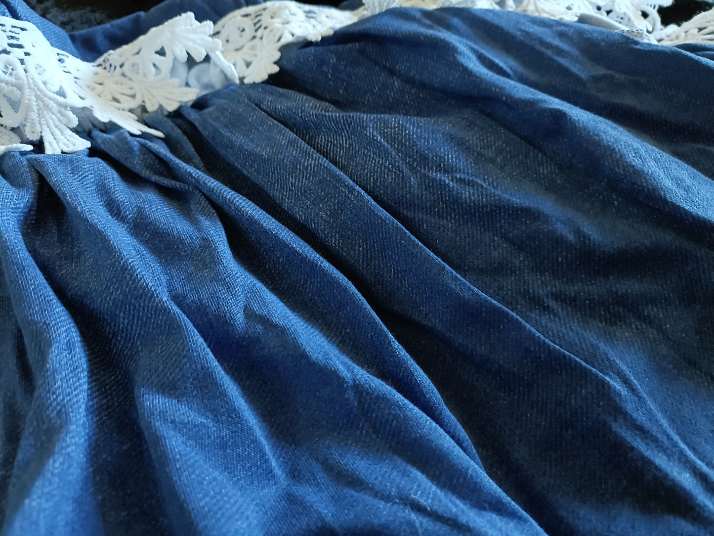 Denim Coloured Off the Shoulder Dress with Frill Neckline and Hem