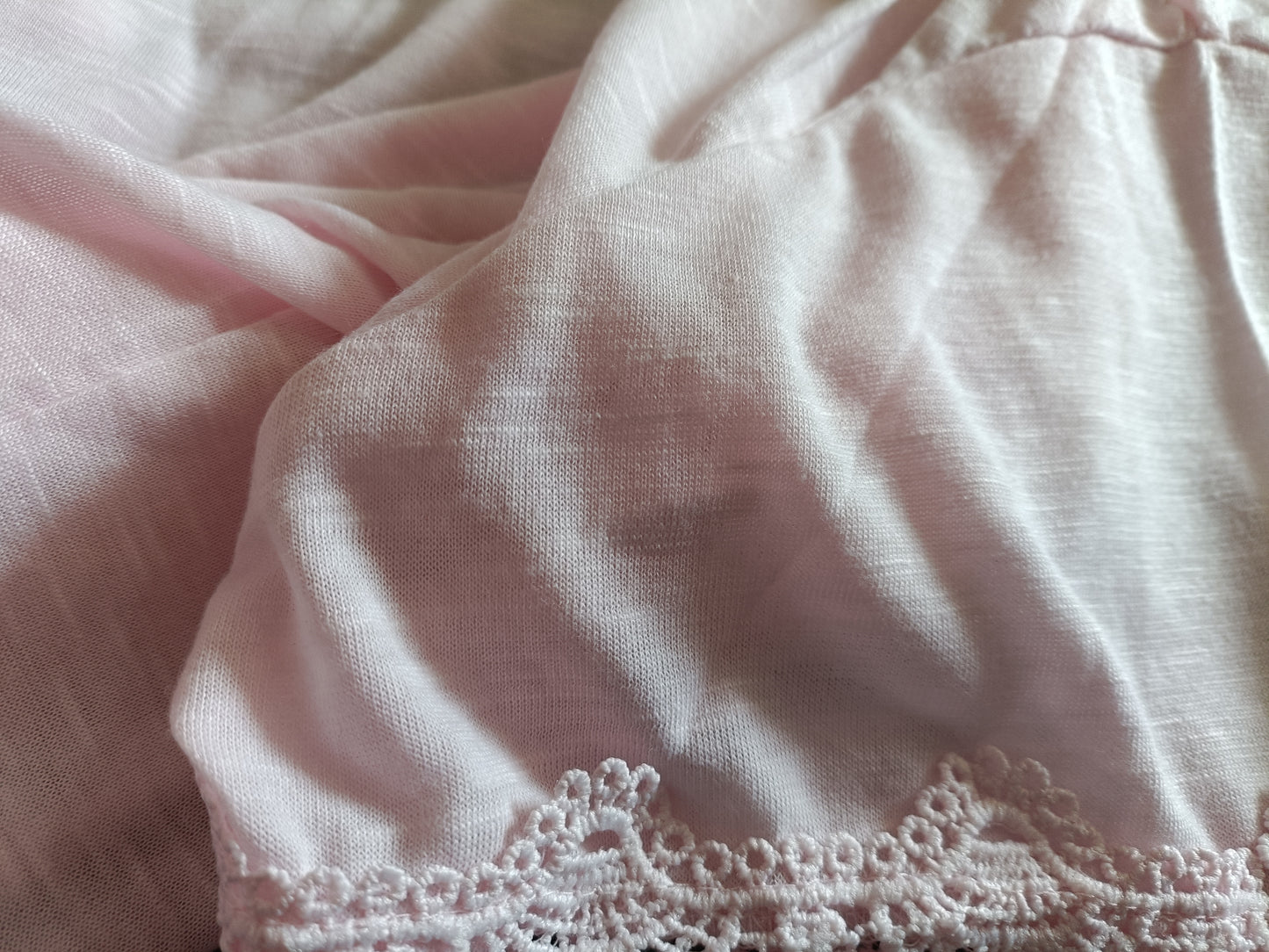 Light Pink T Shirt with Lace Detail on Short Sleeves