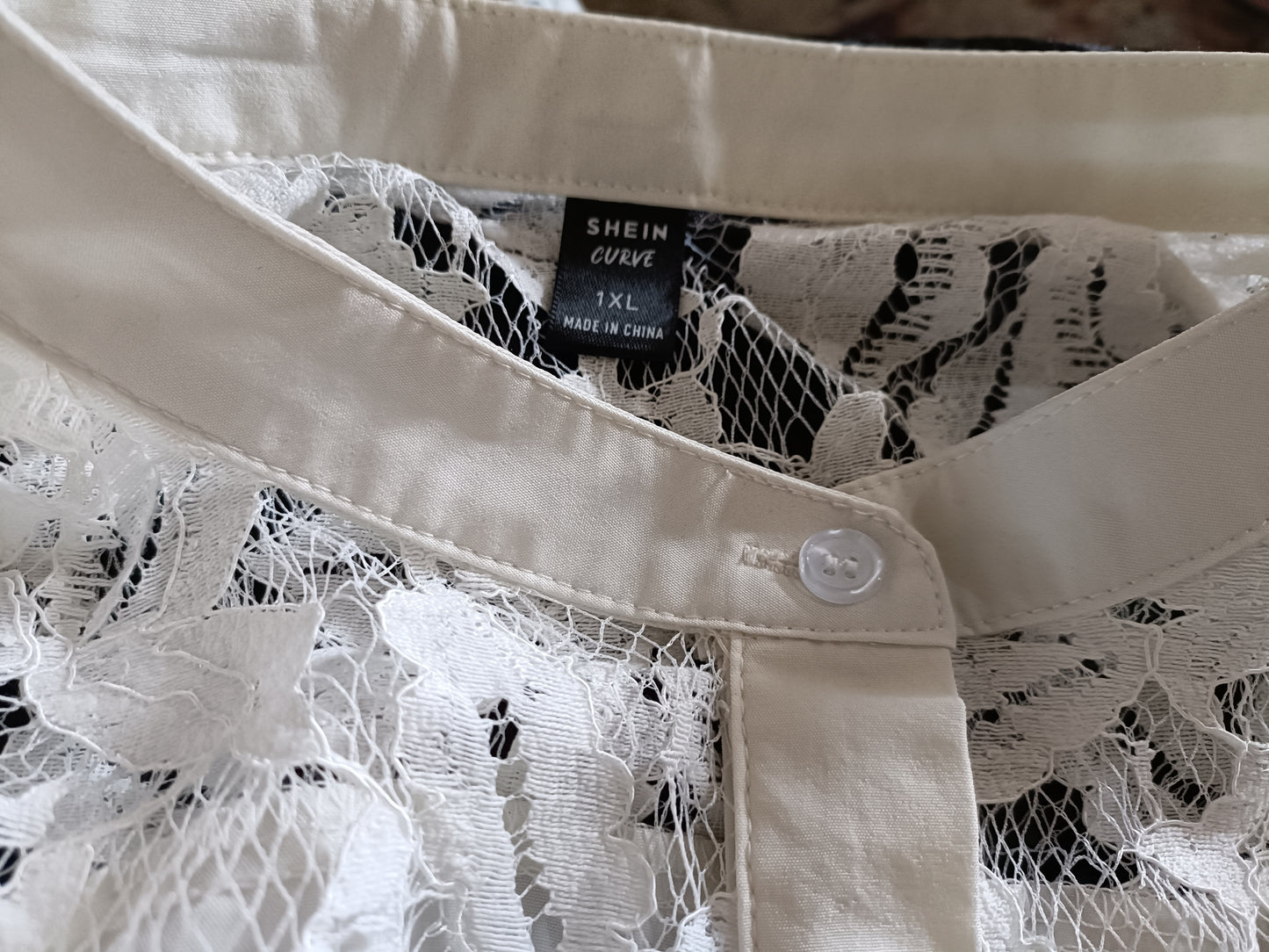 Off White Collarless Shirt with Sheer Lace Panel