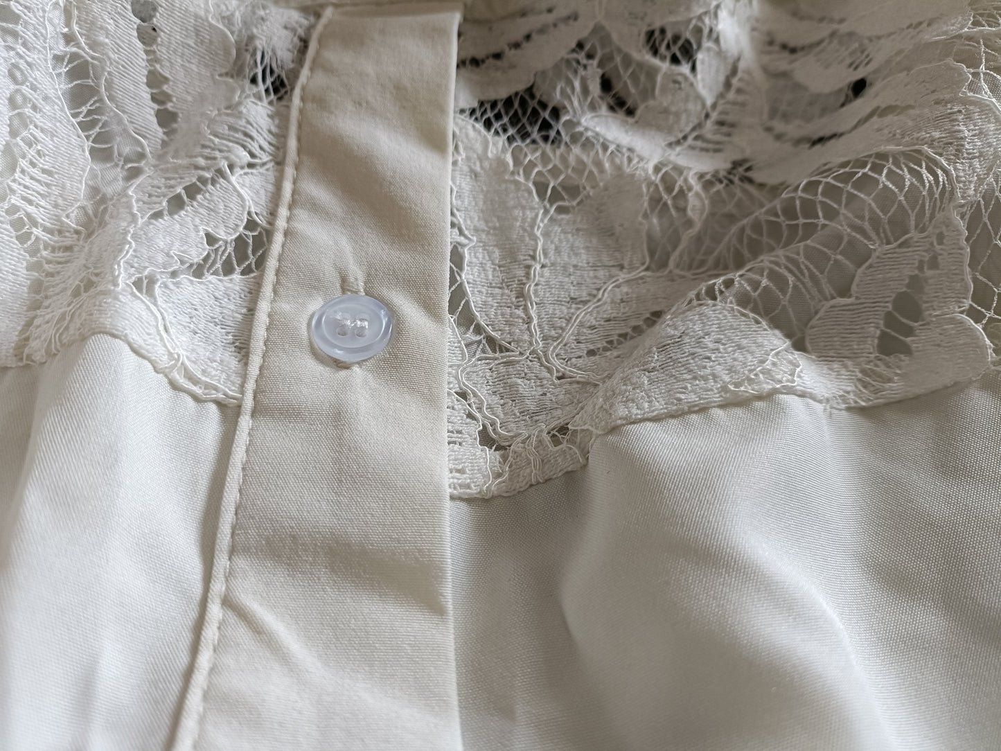 Off White Collarless Shirt with Sheer Lace Panel