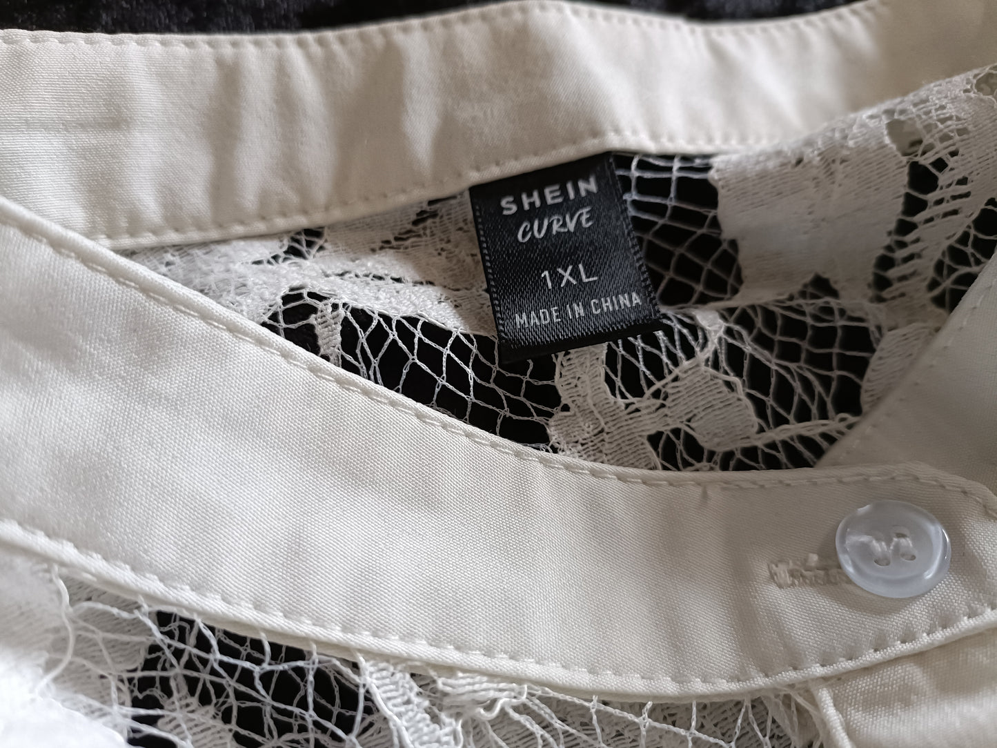 Off White Collarless Shirt with Sheer Lace Panel