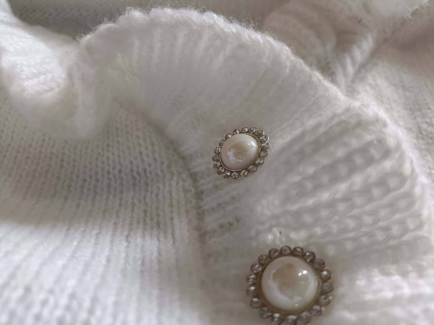 Off White Jumper with Ruffle Neck and Faux Pearl Button Detail