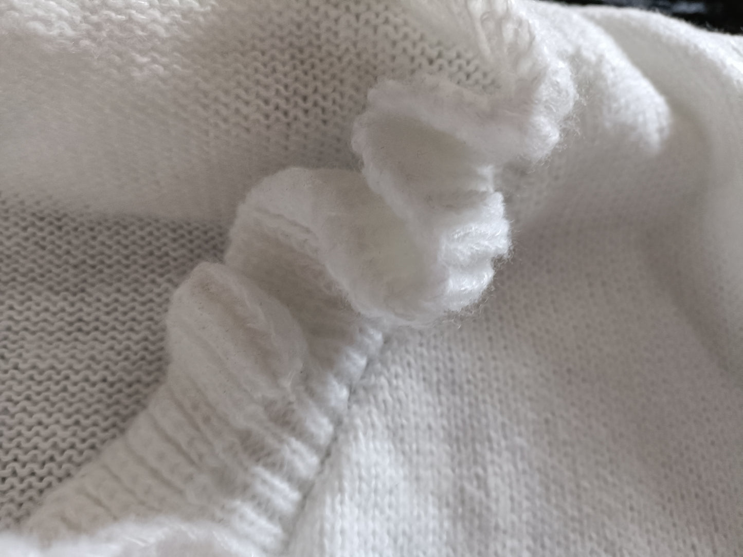 Off White Jumper with Ruffle Neck and Faux Pearl Button Detail