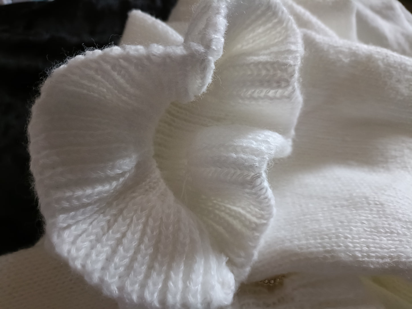 Off White Jumper with Ruffle Neck and Faux Pearl Button Detail