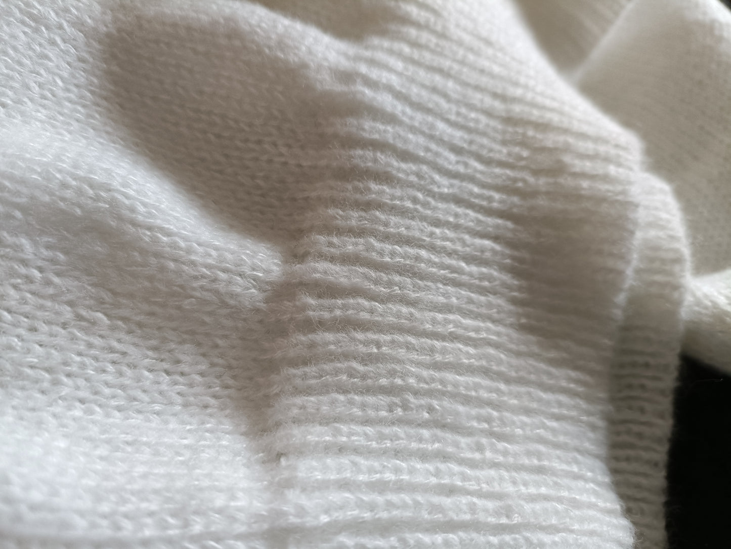 Off White Jumper with Ruffle Neck and Faux Pearl Button Detail