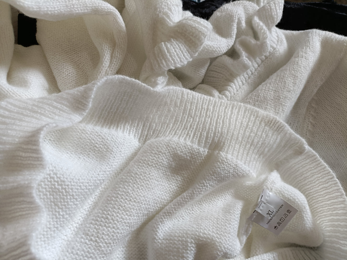 Off White Jumper with Ruffle Neck and Faux Pearl Button Detail
